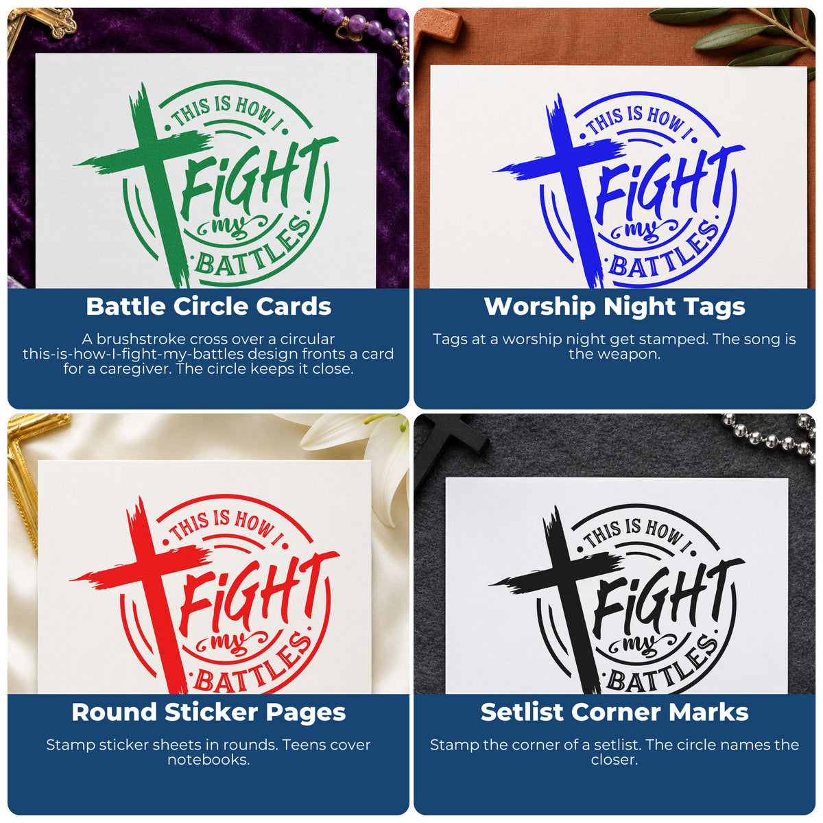 Four ways to use the Fight My Battles Badge PSI Pre-Inked Stamp: battle circle cards, worship night tags, round sticker pages and setlist corner marks.