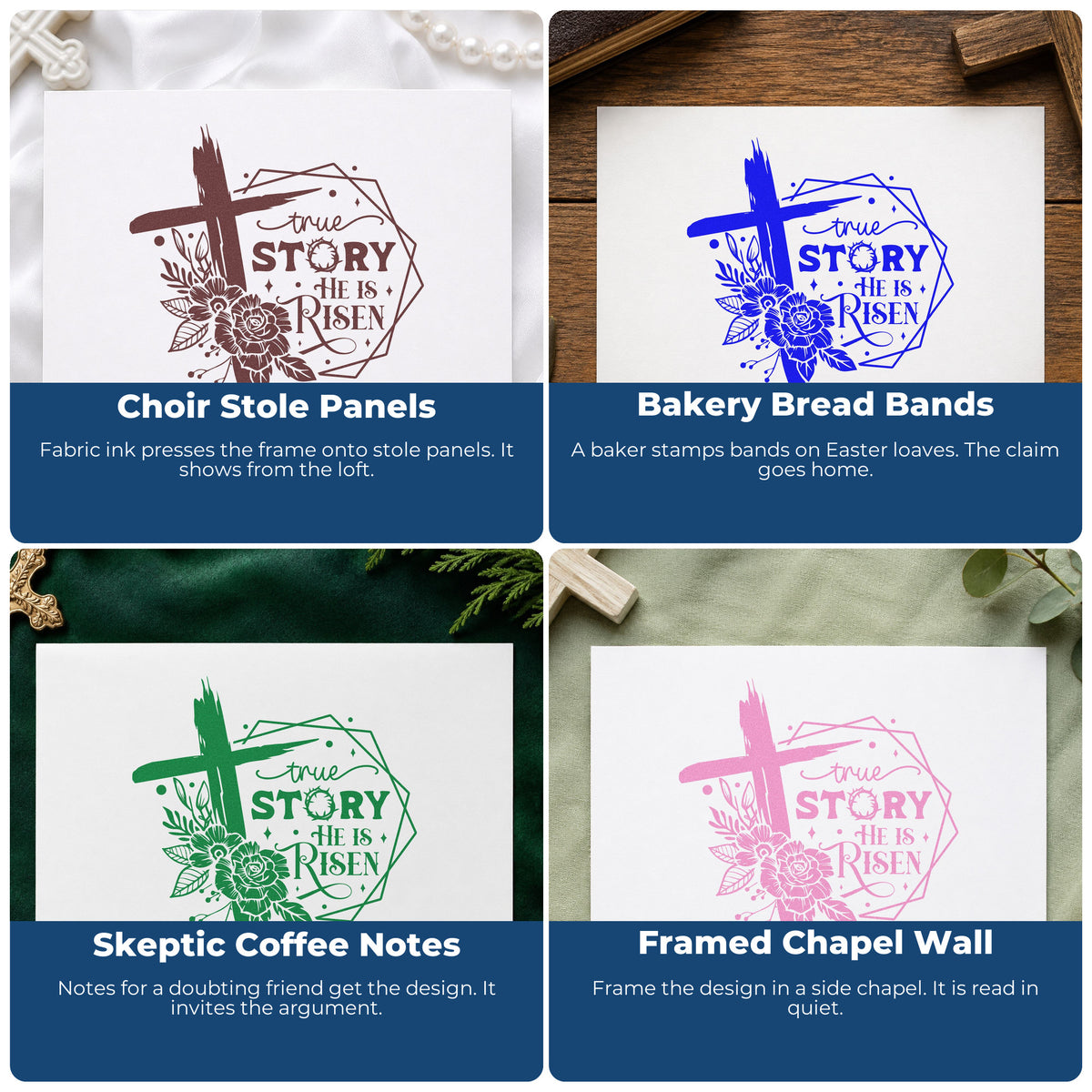Four ways to use the True Story Risen Rose Frame Pre-Inked Stamp – PSI: choir stole panels, bakery bread bands, skeptic coffee notes and framed chapel wall.