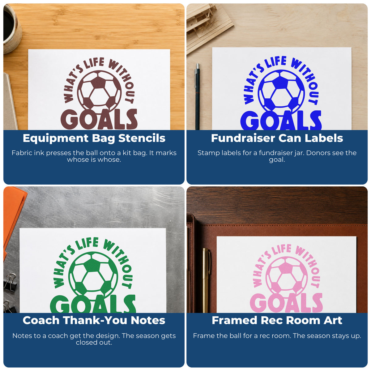 Four ways to use the Life Without Goals Ball Rubber Stamp – Wood Handle: equipment bag stencils, fundraiser can labels, coach thank-you notes and framed rec room art.