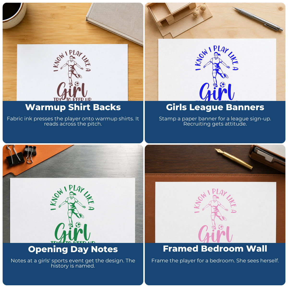Four ways to use the I Play Like A Girl Rubber Stamp – Duo Hand: warmup shirt backs, girls league banners, opening day notes and framed bedroom wall.