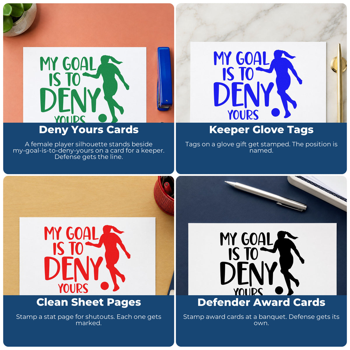 Four ways to use the Vintage Pro Deny Your Goal Soccer Lettering Premium Wooden Stamp: deny yours cards, keeper glove tags, clean sheet pages and defender award cards.