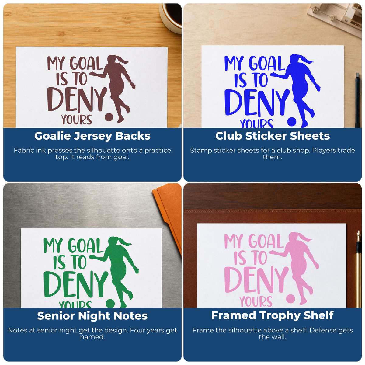Four ways to use the Vintage Pro Deny Your Goal Soccer Lettering Premium Wooden Stamp: goalie jersey backs, club sticker sheets, senior night notes and framed trophy shelf.