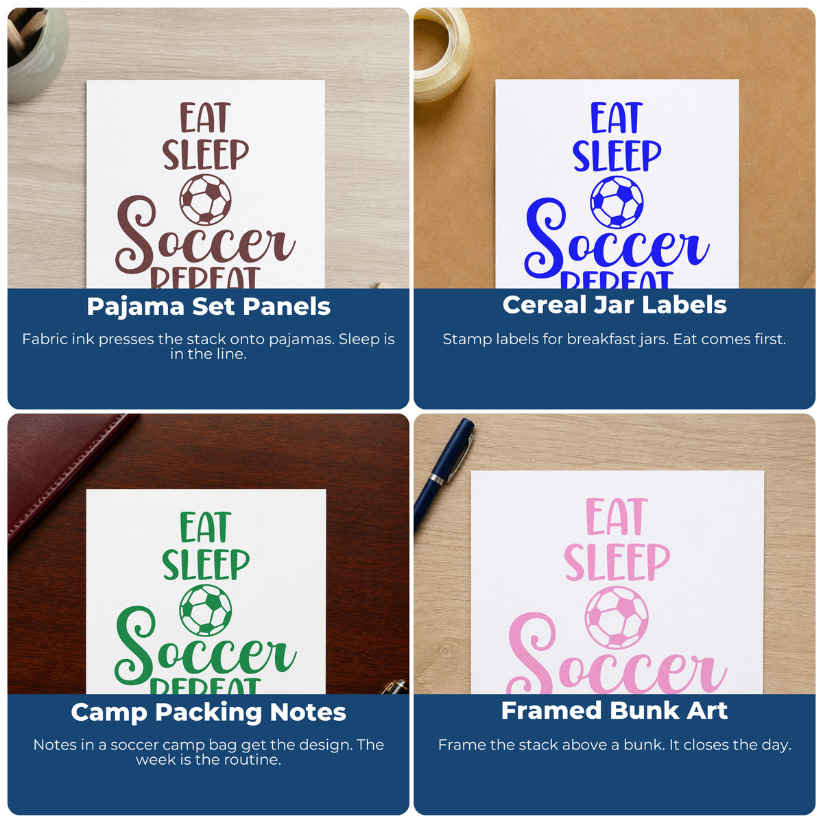 Four ways to use the Eat Sleep Soccer Repeat Lettering Hand Stamp – Duo: pajama set panels, cereal jar labels, camp packing notes and framed bunk art.