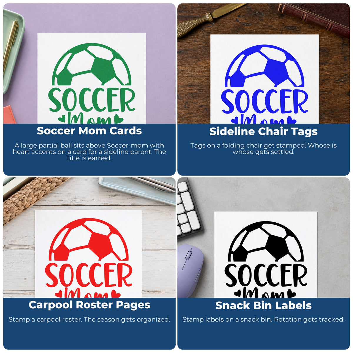 Four ways to use the Soccer Mom Ball With Hearts Rubber Stamp – Wood Handle: soccer mom cards, sideline chair tags, carpool roster pages and snack bin labels.