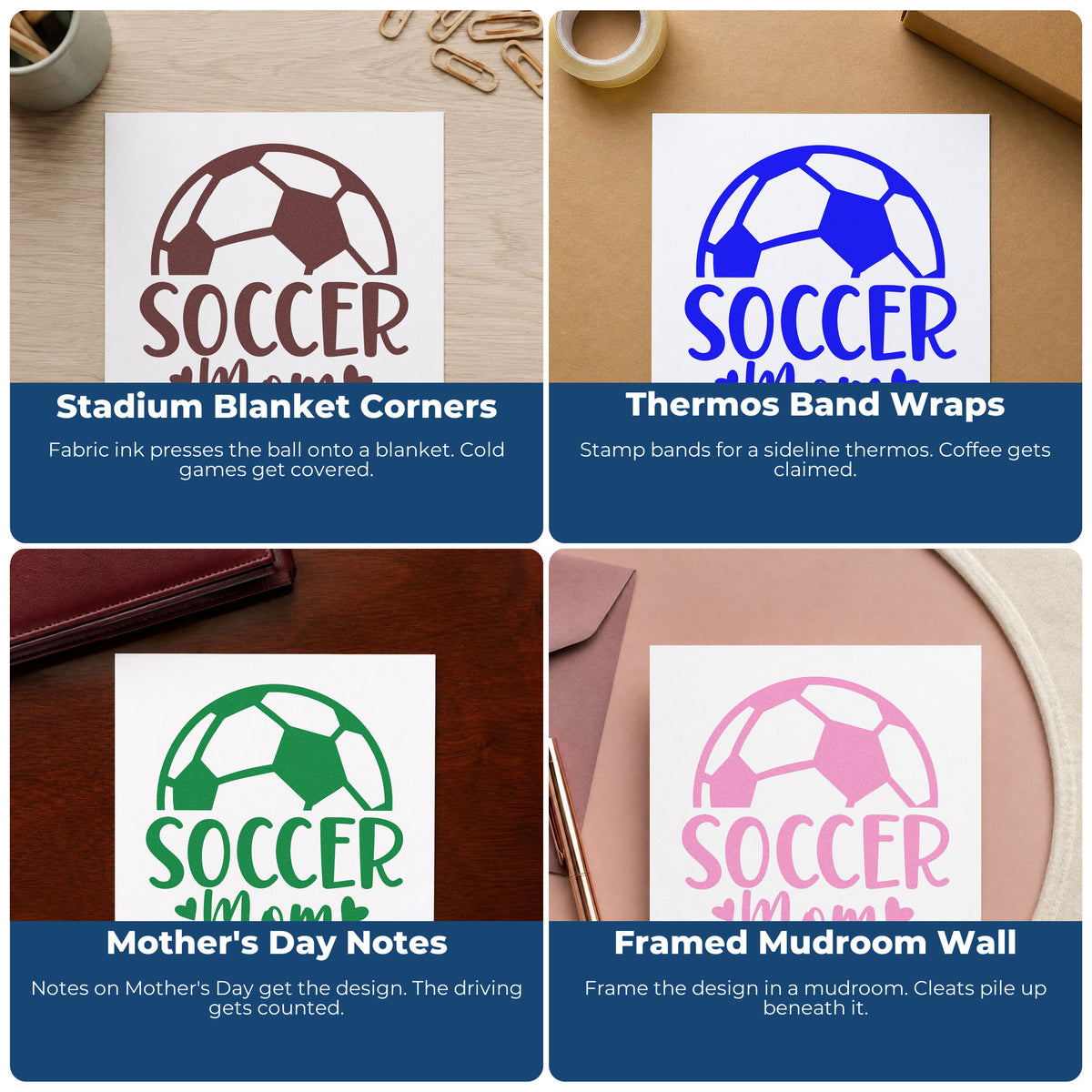 Four ways to use the Soccer Mom Ball With Hearts Rubber Stamp – Wood Handle: stadium blanket corners, thermos band wraps, mother's day notes and framed mudroom wall.