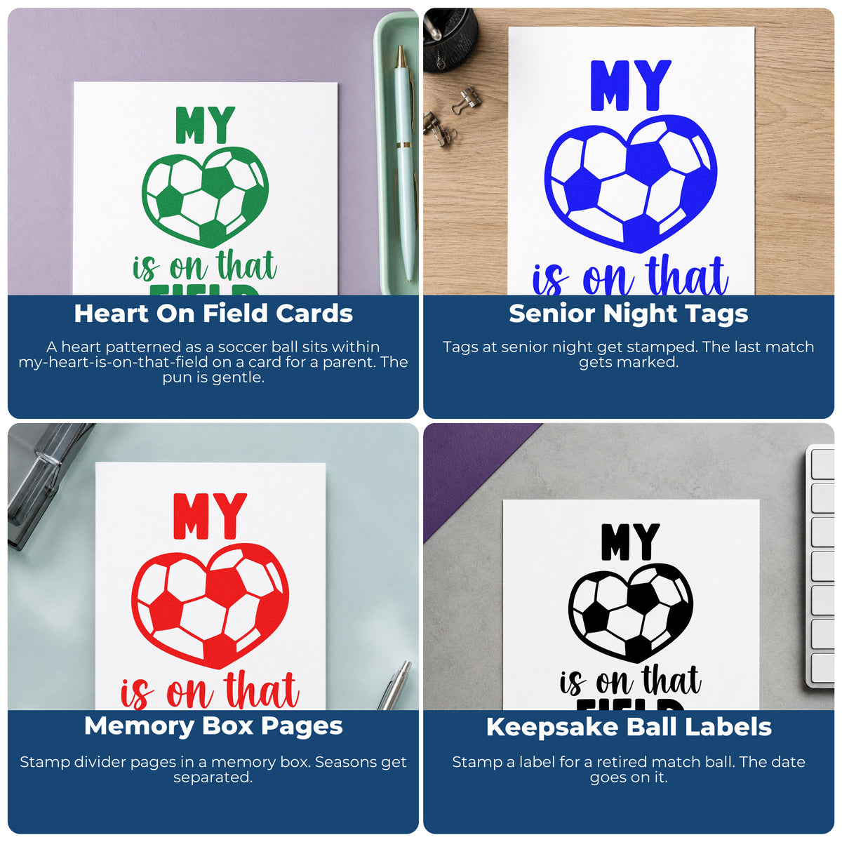 Four ways to use the Soccer Heart On That Field Slim Pre-Inked Stamp: heart on field cards, senior night tags, memory box pages and keepsake ball labels.