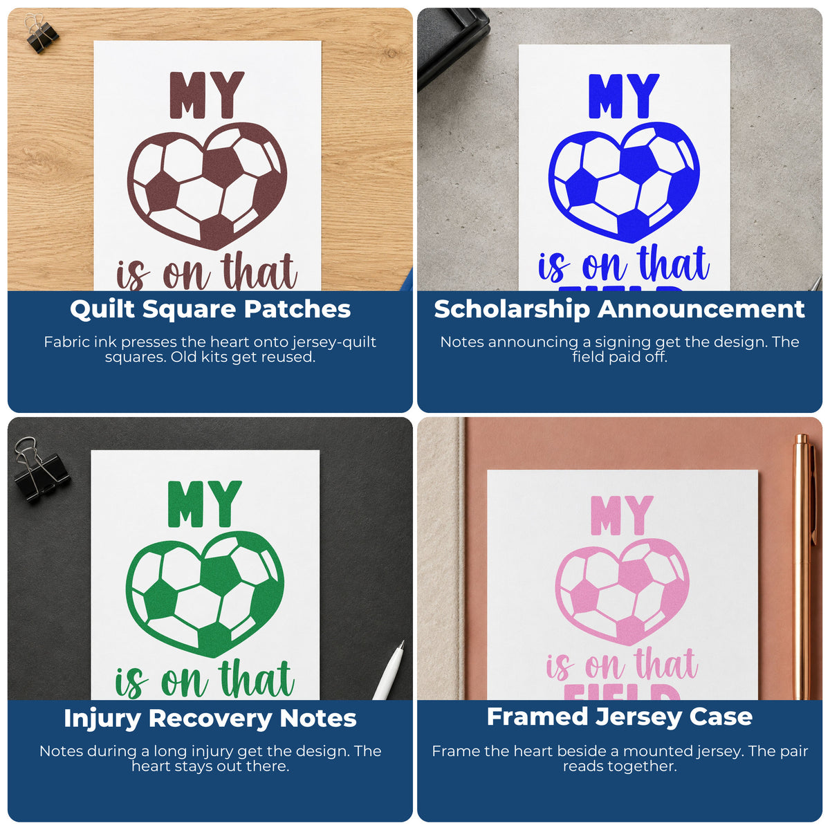 Four ways to use the Soccer Heart On That Field Rubber Stamp – Wood Handle: quilt square patches, scholarship announcement, injury recovery notes and framed jersey case.