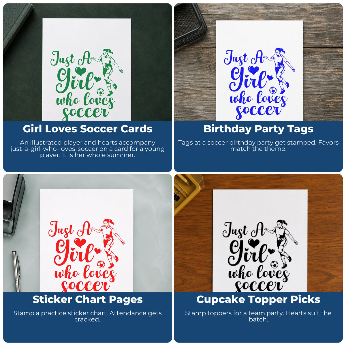 Four ways to use the Girl Who Loves Soccer Player Rubber Stamp – Duo Hand: girl loves soccer cards, birthday party tags, sticker chart pages and cupcake topper picks.
