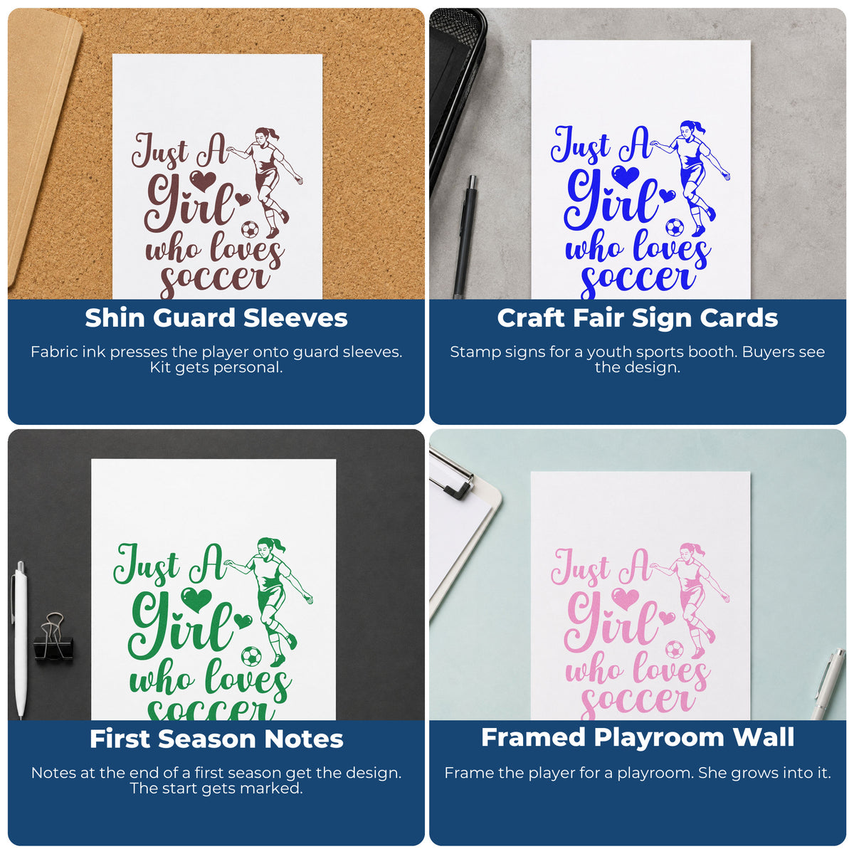 Four ways to use the Girl Who Loves Soccer Player Rubber Stamp – Duo Hand: shin guard sleeves, craft fair sign cards, first season notes and framed playroom wall.