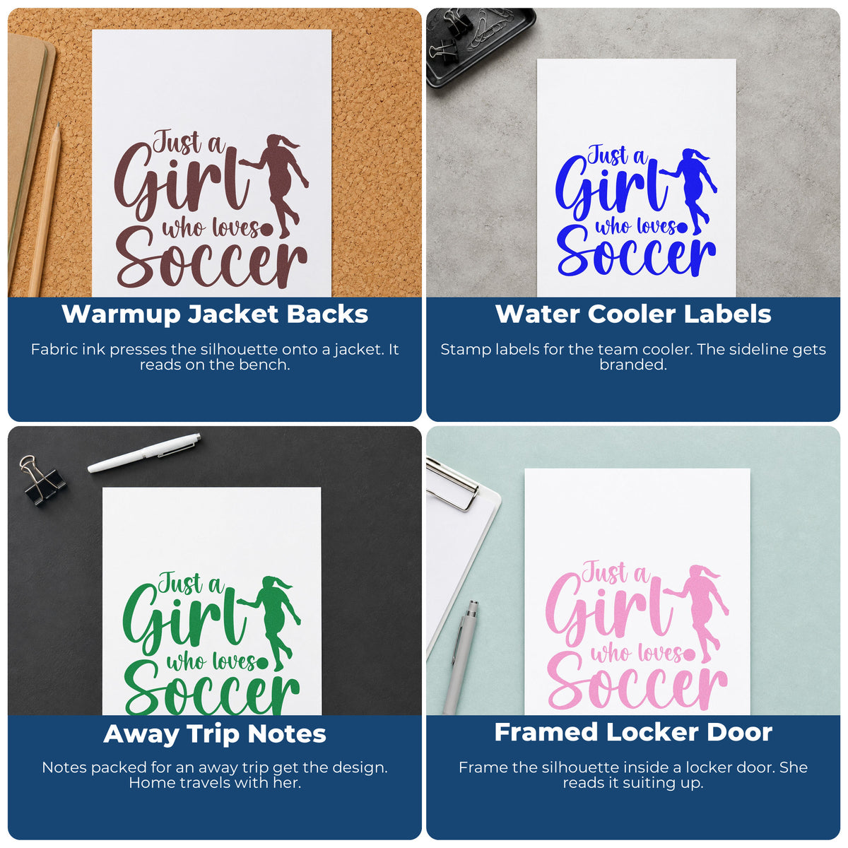 Four ways to use the Girl Who Loves Soccer Silhouette Lettering Hand Stamp – Duo: warmup jacket backs, water cooler labels, away trip notes and framed locker door.