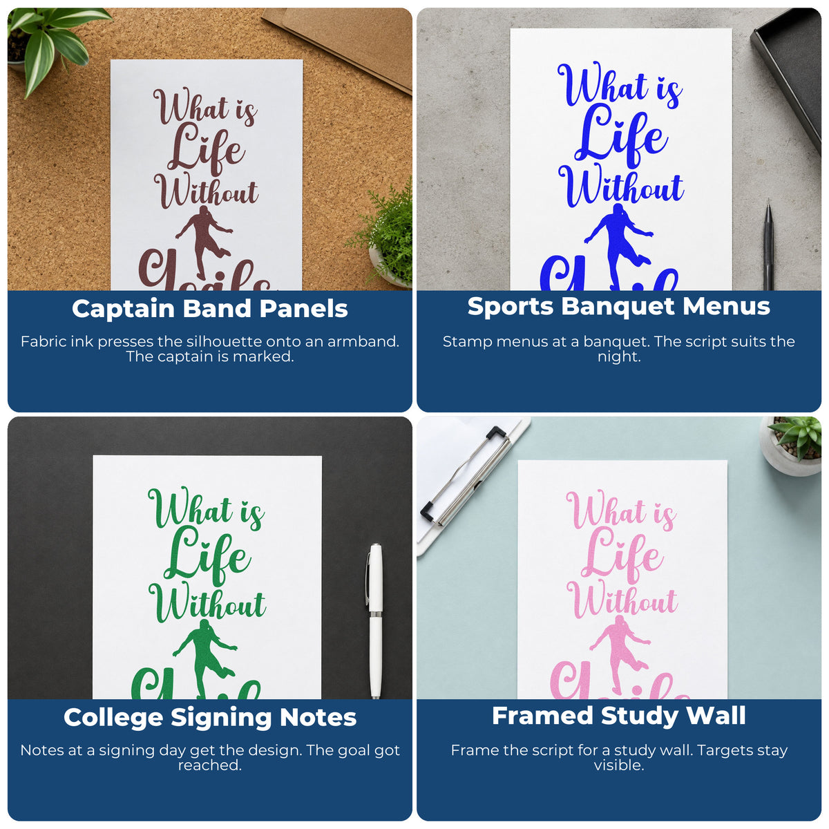 Four ways to use the What Is Life Without Goals Stamp – Duo Hand: captain band panels, sports banquet menus, college signing notes and framed study wall.