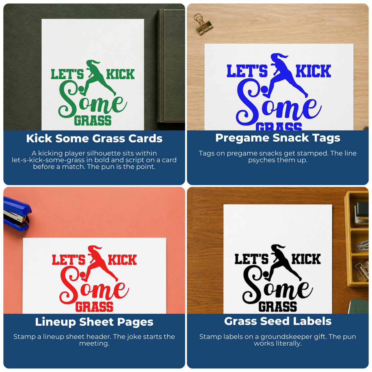 Four ways to use the Let's Kick Some Grass Script Lettering Pre-Inked Stamp – Slim: kick some grass cards, pregame snack tags, lineup sheet pages and grass seed labels.