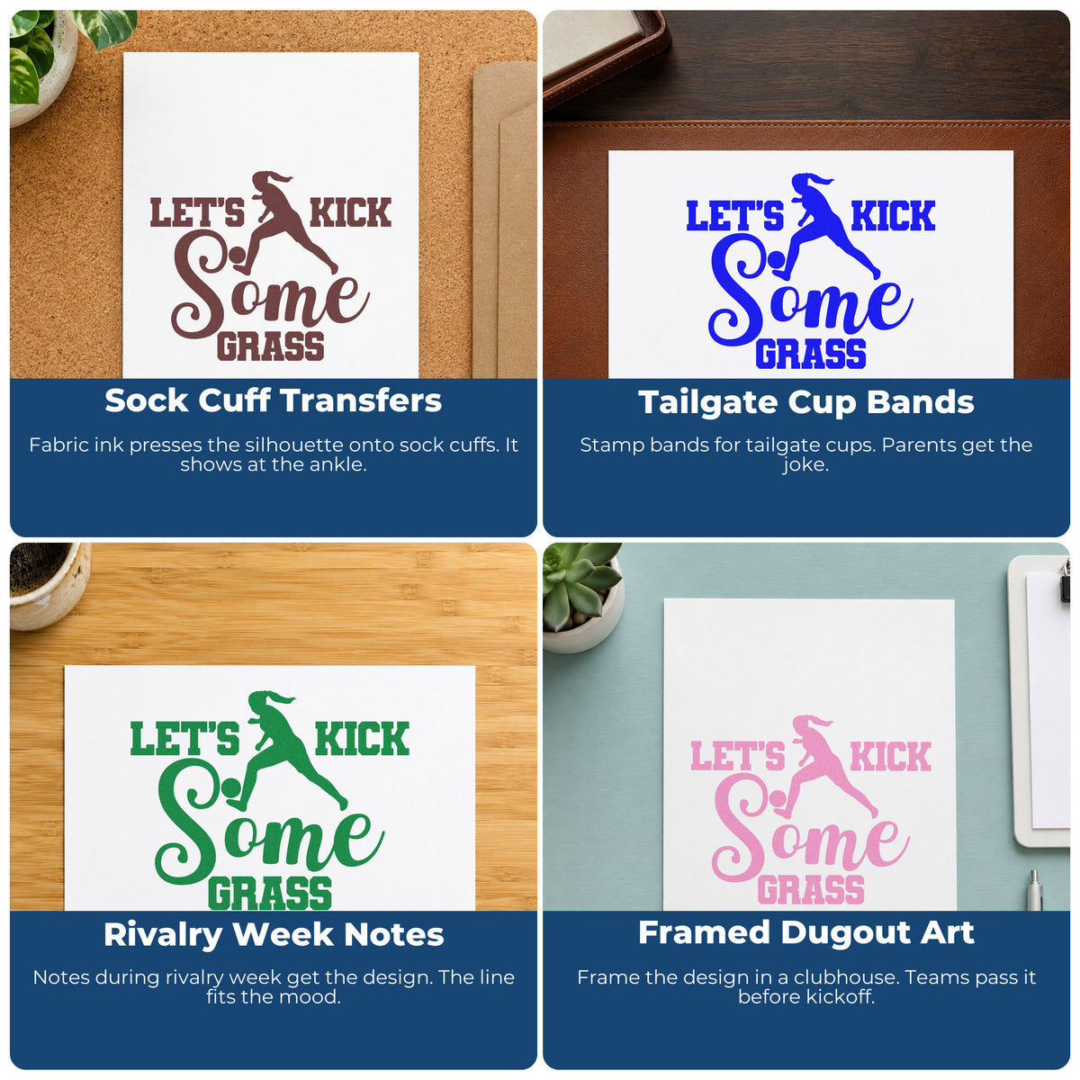 Four ways to use the Let's Kick Some Grass Script Lettering Premium Wooden Stamp - Vintage Pro: sock cuff transfers, tailgate cup bands, rivalry week notes and framed dugout art.