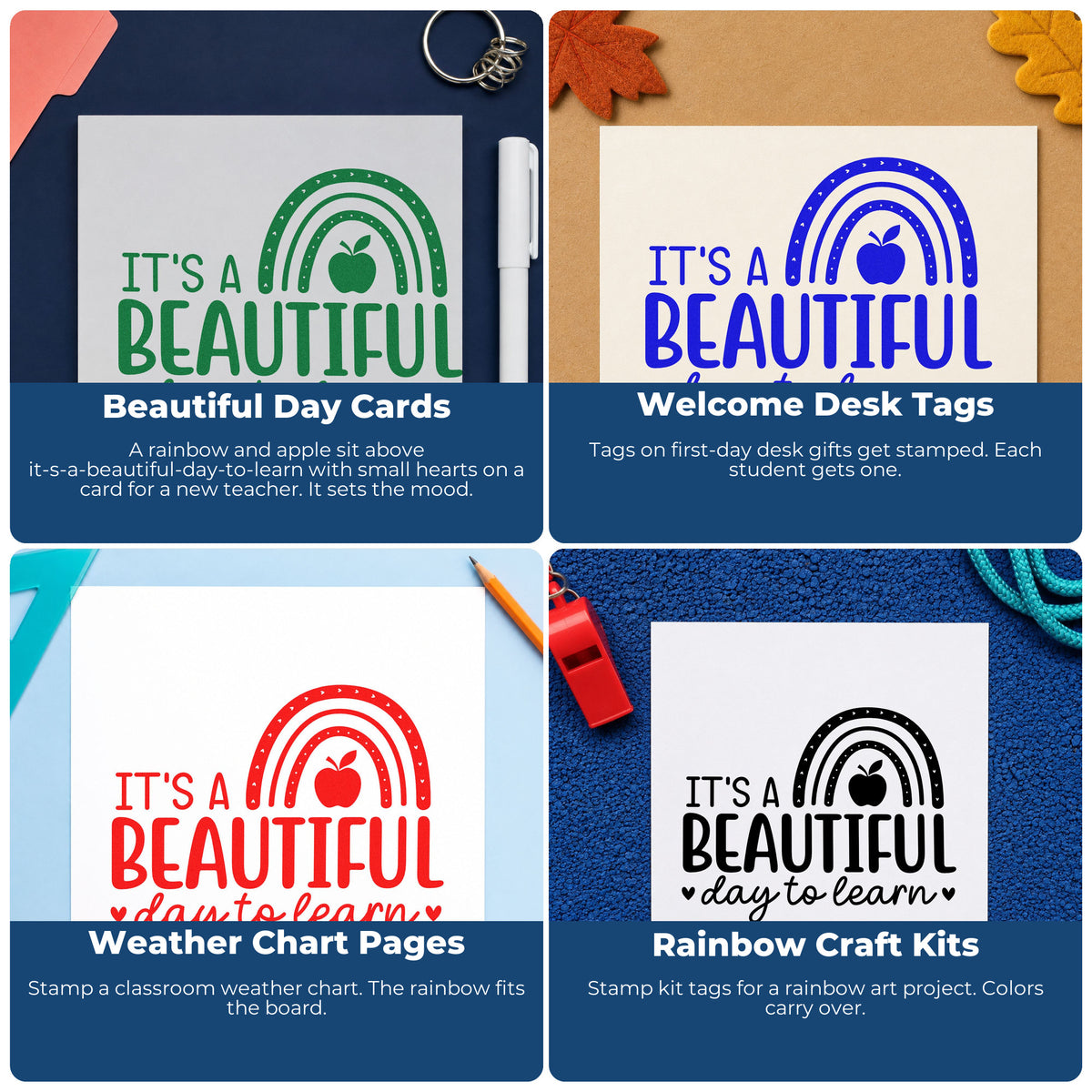 Four ways to use the Premium Wooden Beautiful Day To Learn Stamp - Vintage Pro: beautiful day cards, welcome desk tags, weather chart pages and rainbow craft kits.