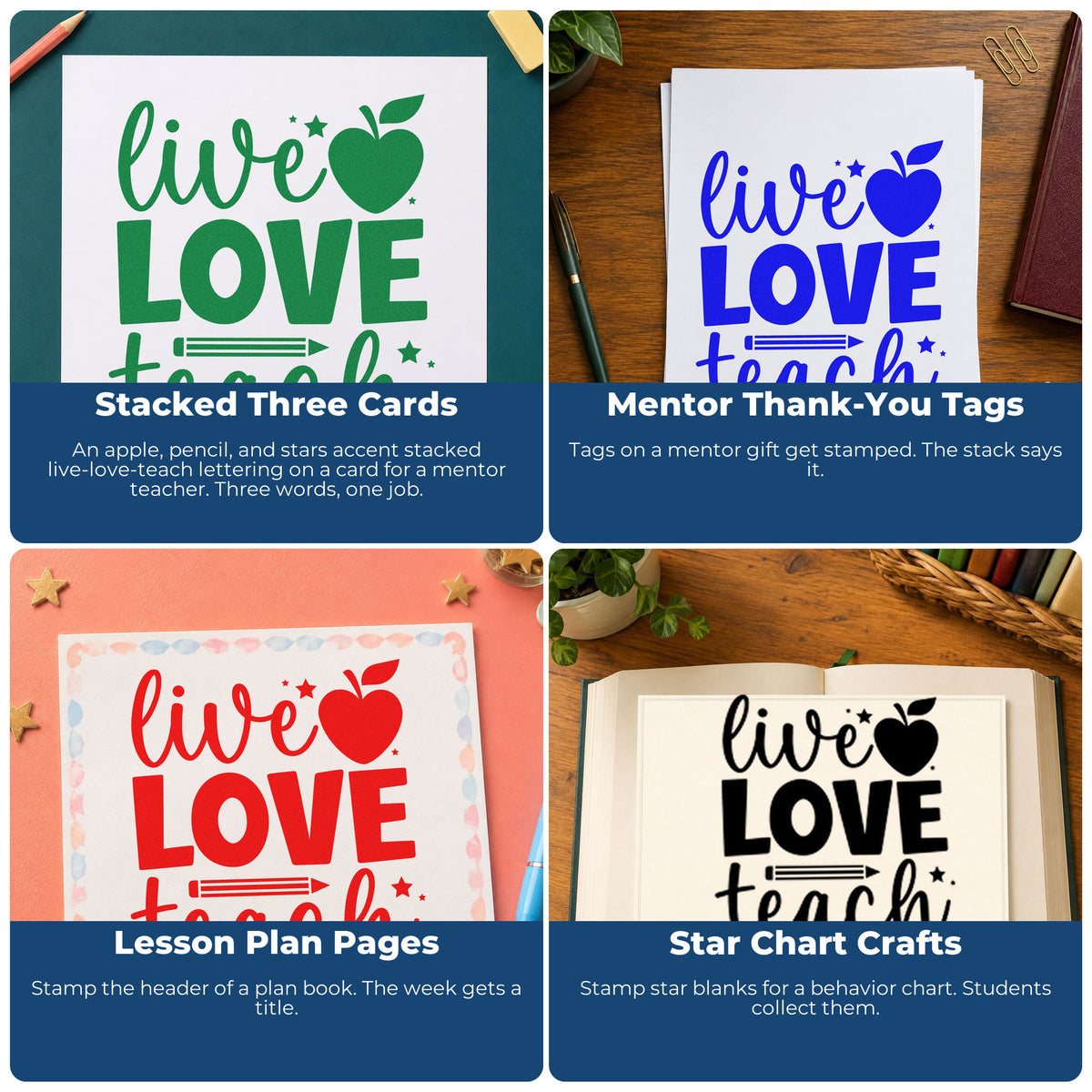 Teacher rubber stamp ideas for grading feedback, parent communication, student rewards, and homework folders in the classroom.