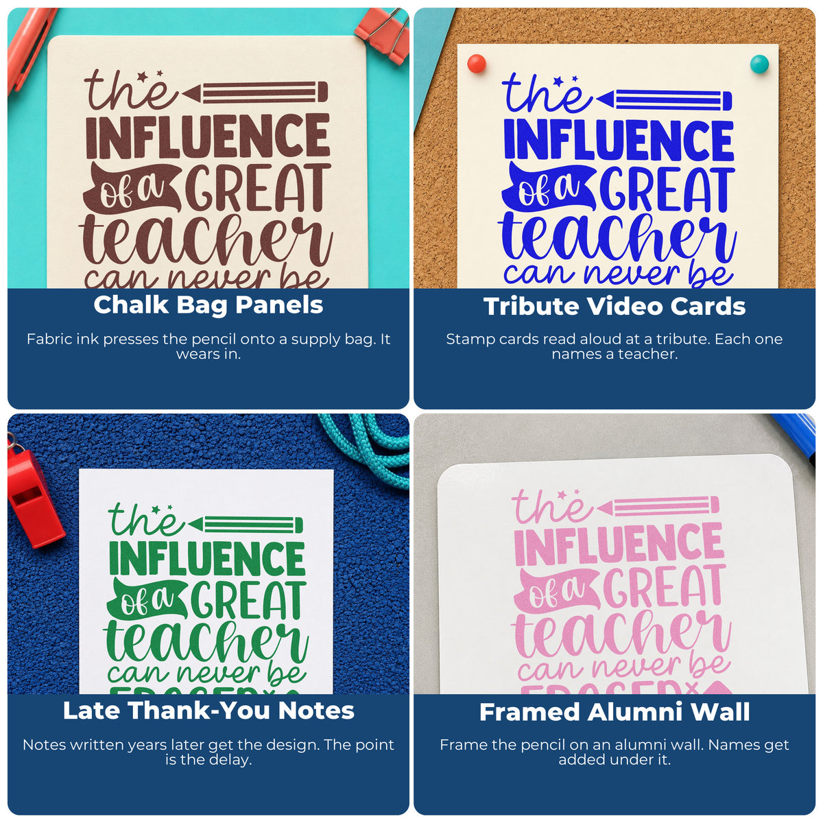 Four ways to use the The Influence Of A Great Teacher Can Never Be Erased Premium Wood-Mounted Stamp - Vintage Pro: chalk bag panels, tribute video cards, late thank-you notes and framed alumni wall.