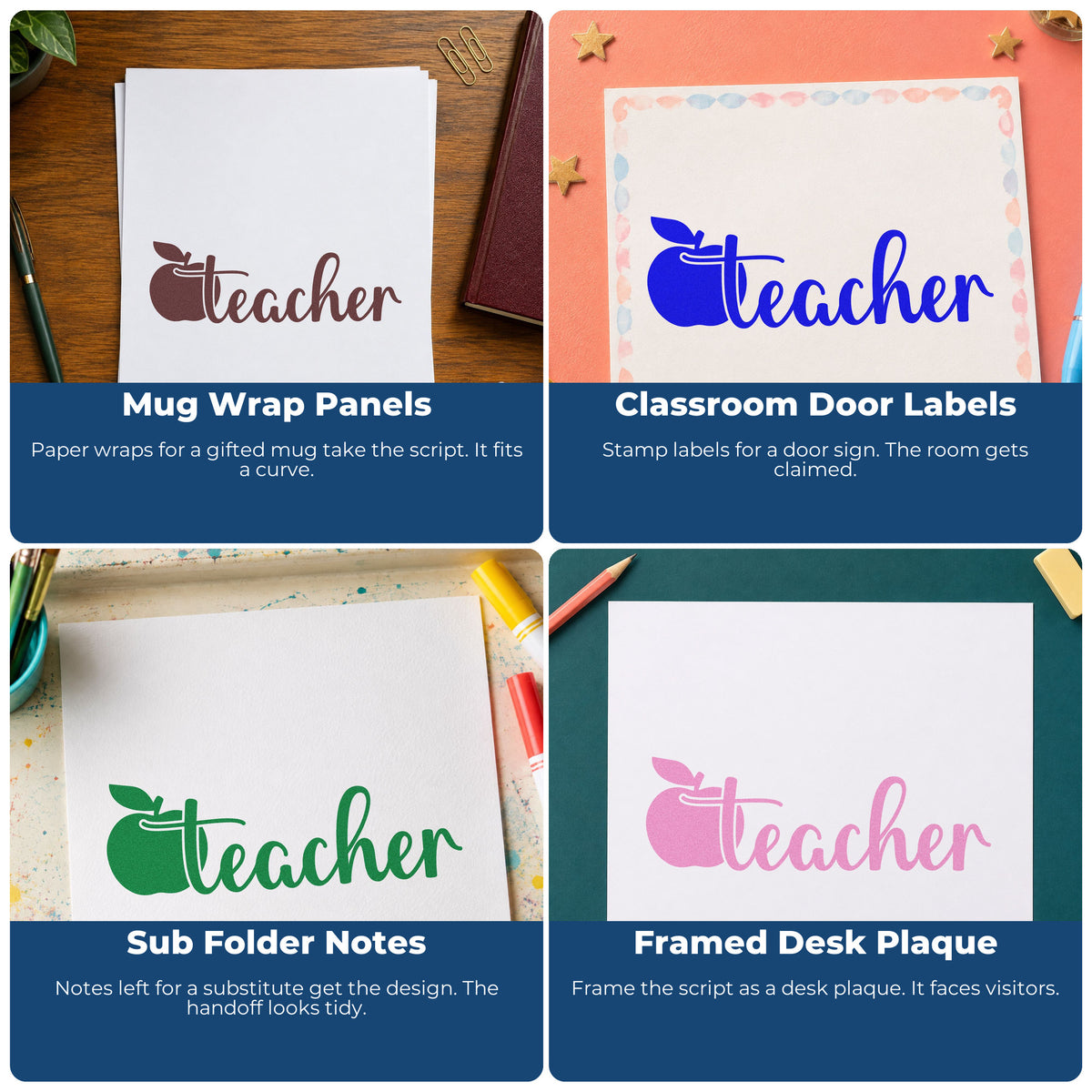Four ways to use the Teacher Apple Flourish Pre-Inked Stamp – PSI: mug wrap panels, classroom door labels, sub folder notes and framed desk plaque.