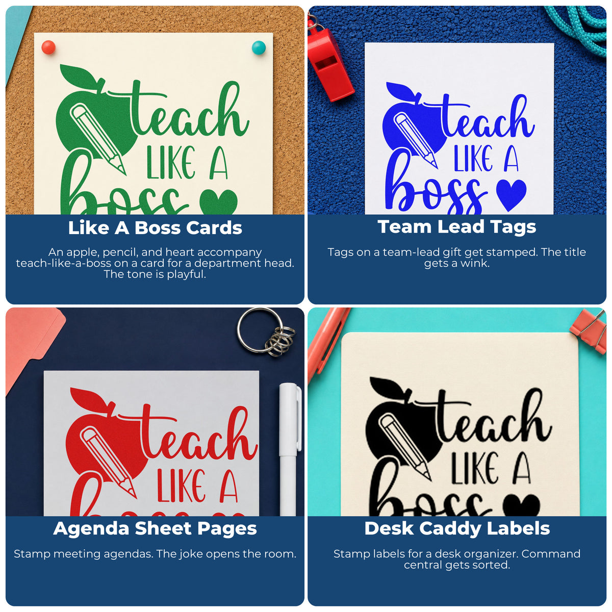 Four ways to use the Teach Like A Boss Apple Hand Stamp – Duo: like a boss cards, team lead tags, agenda sheet pages and desk caddy labels.