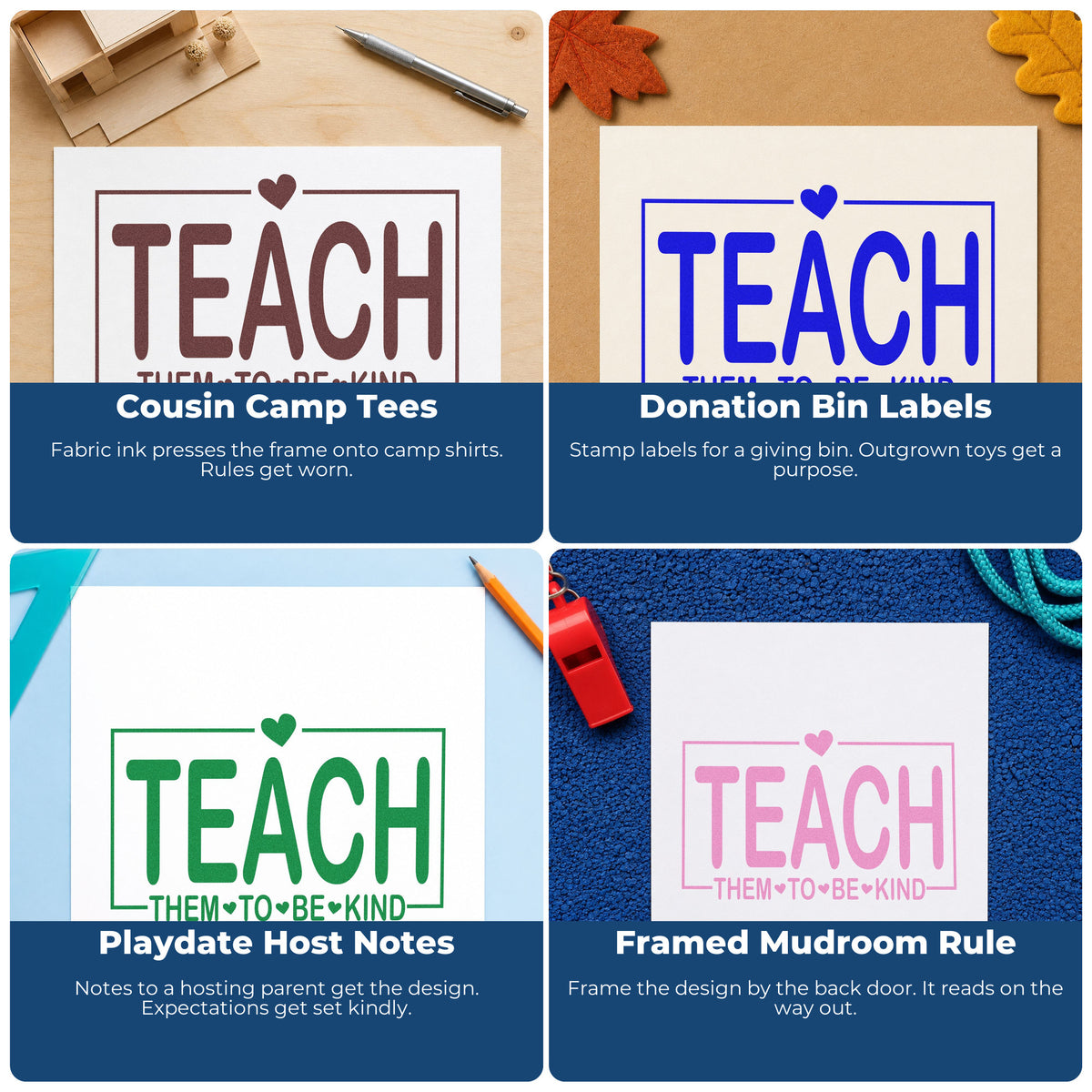 Teacher rubber stamp designs for classroom crafts, bulletin boards, affirmations, and student notes.