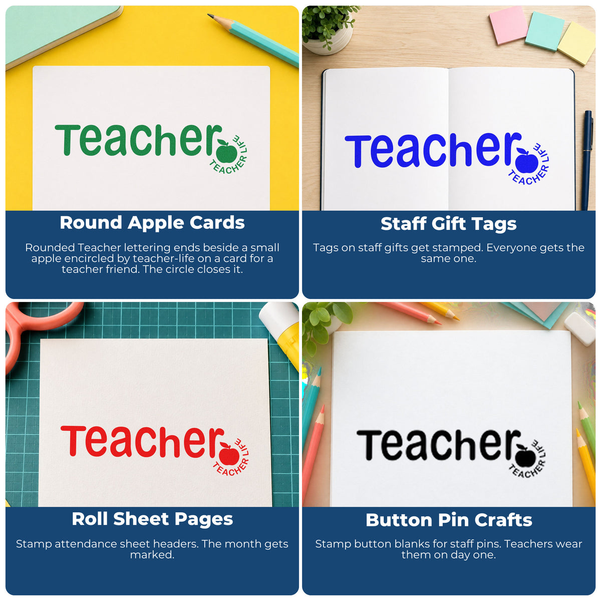 Four ways to use the Teacher Life Apple Lettering Stamp - Premium Vintage Pro Wooden: round apple cards, staff gift tags, roll sheet pages and button pin crafts.