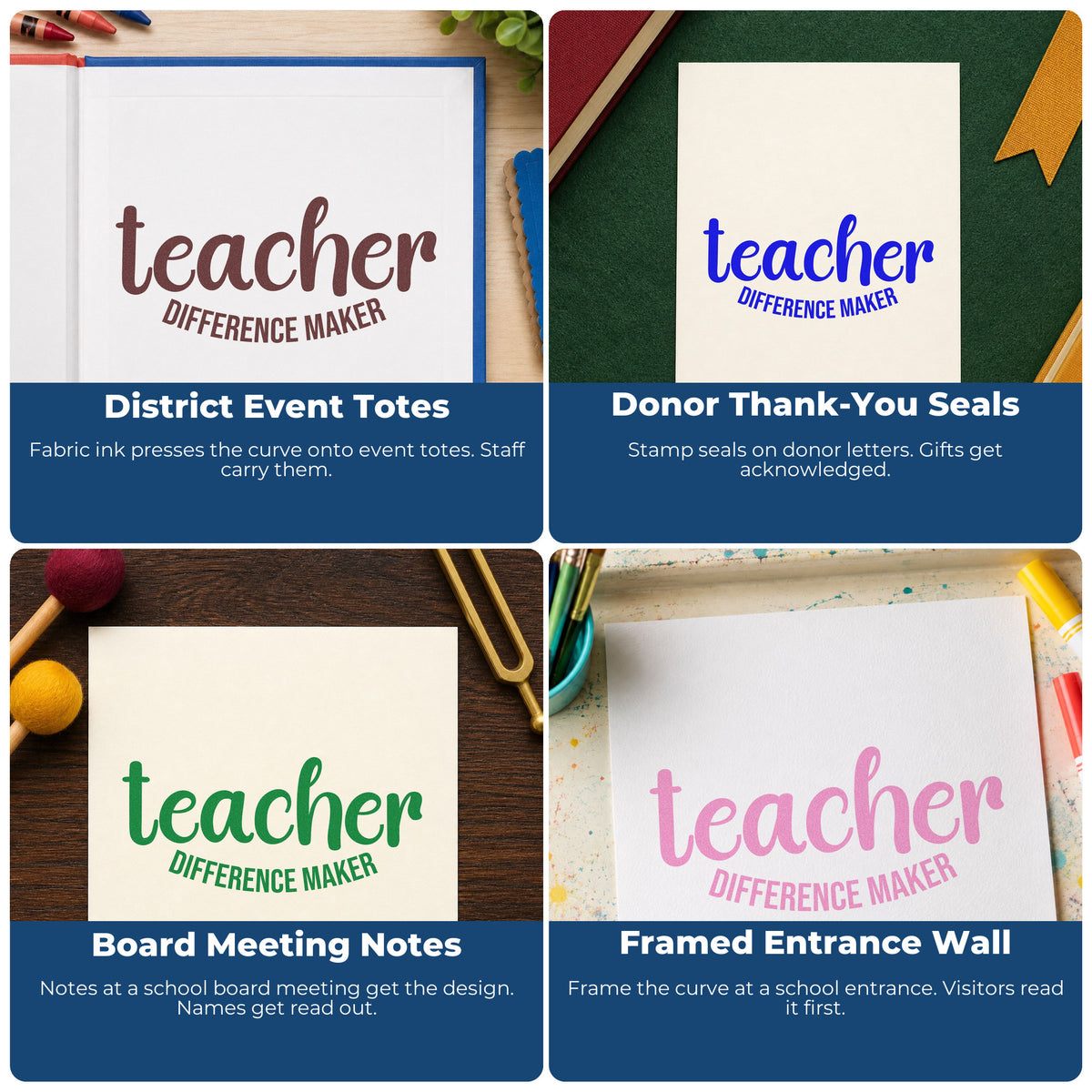 Four ways to use the Teacher Difference Maker Premium Wood-Mounted Stamp - Vintage Pro: district event totes, donor thank-you seals, board meeting notes and framed entrance wall.