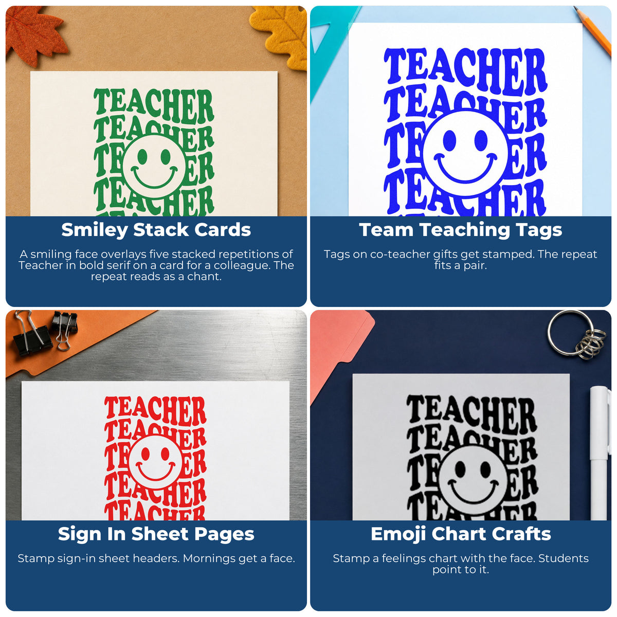 Four ways to use the Teacher Smiley Stack Serif Lettering PSI Pre-Inked Stamp: smiley stack cards, team teaching tags, sign in sheet pages and emoji chart crafts.