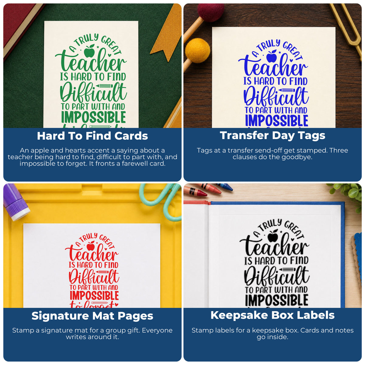 Four ways to use the Truly Great Teacher Apple Rubber Stamp – Wood Handle: hard to find cards, transfer day tags, signature mat pages and keepsake box labels.