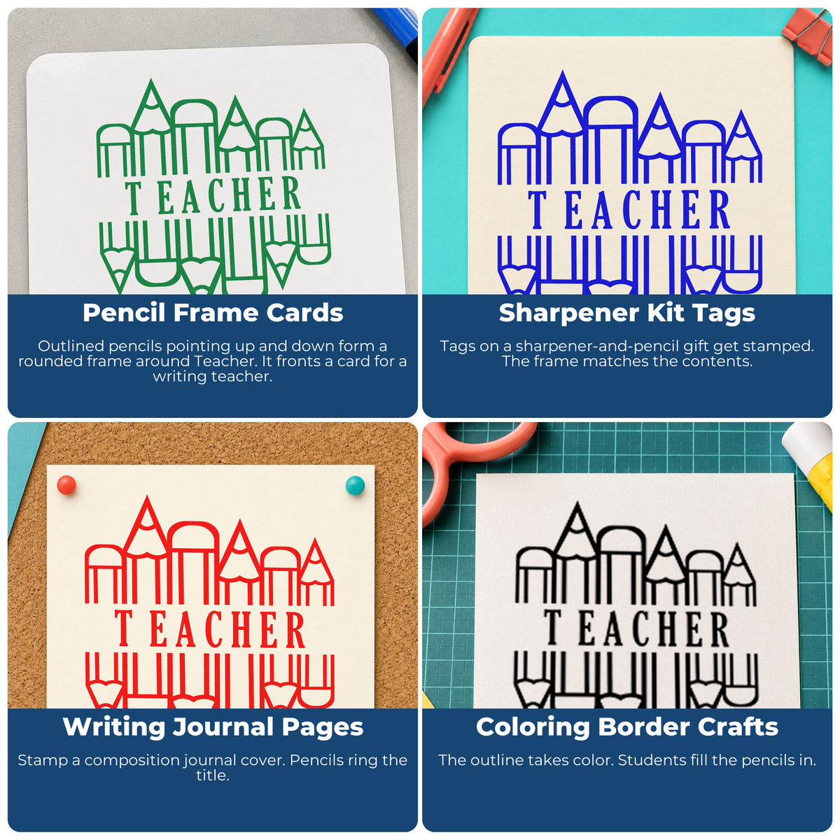 Four ways to use the Teacher Pencil Circle Frame Accent Premium Wooden Stamp - Vintage Pro: pencil frame cards, sharpener kit tags, writing journal pages and coloring border crafts.