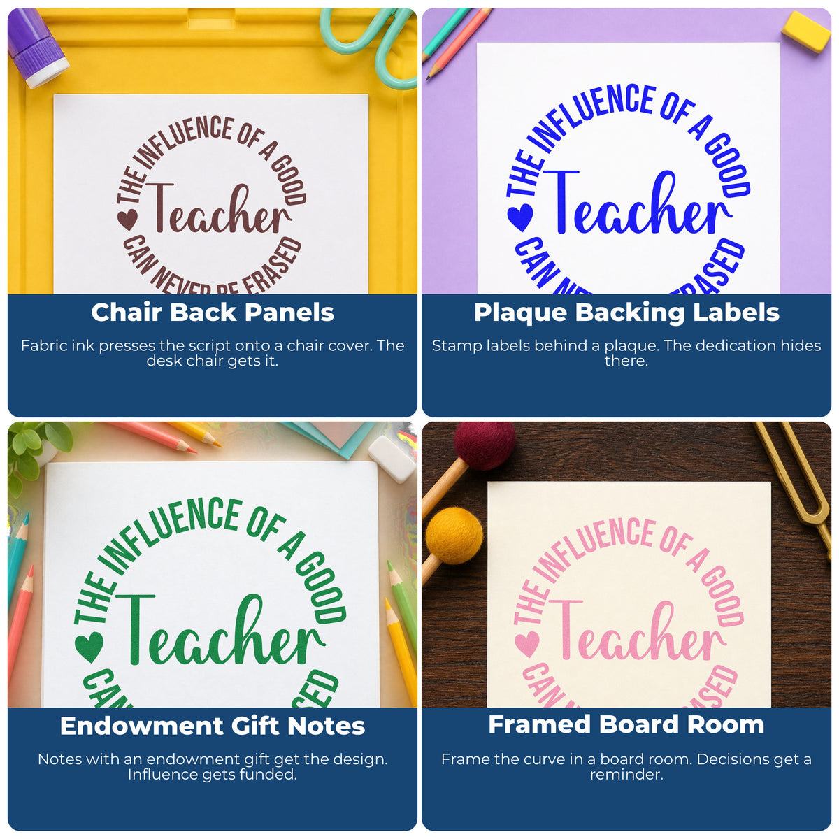 Teacher rubber stamp designs for classroom crafts, bulletin boards, social-emotional learning, and student notes.
