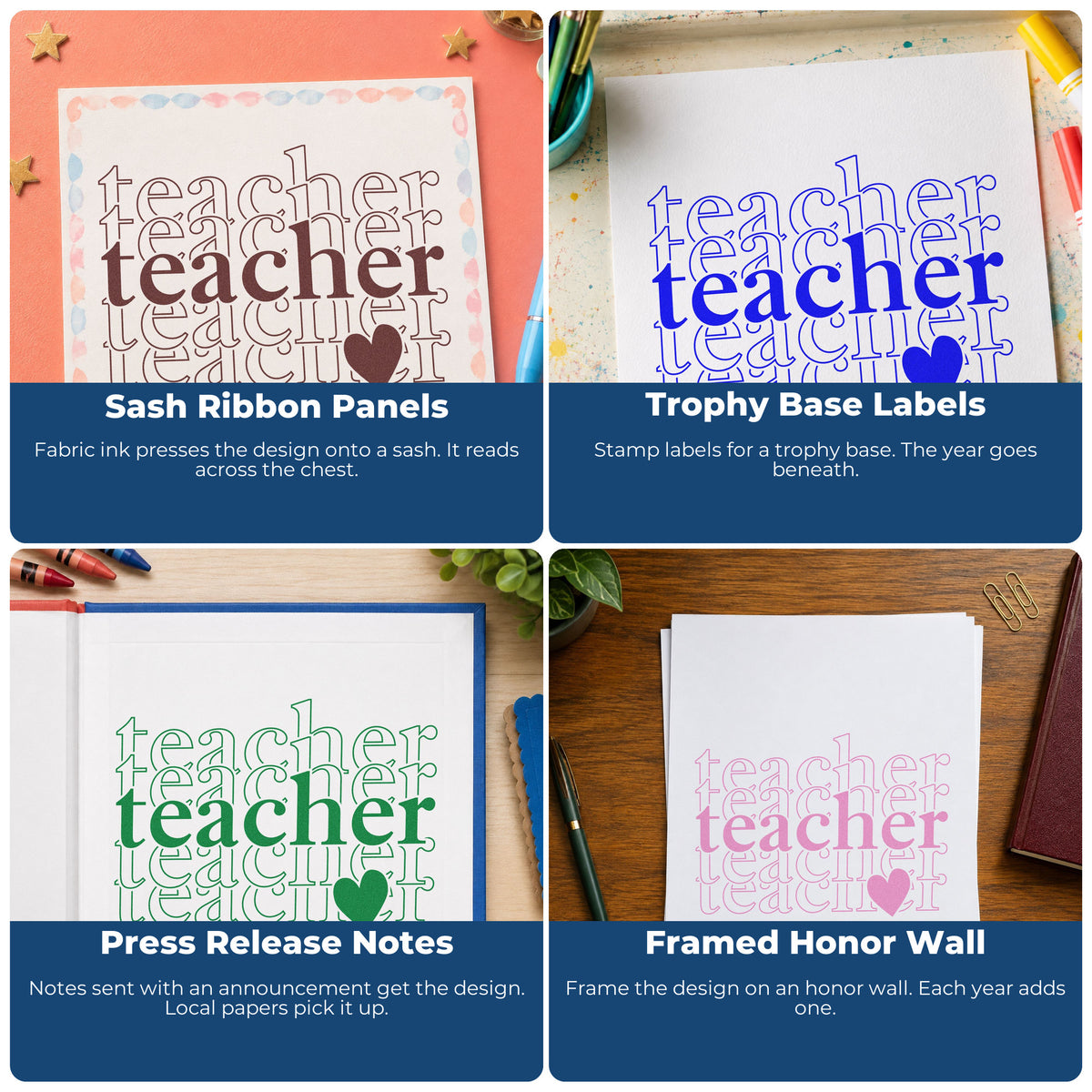 Four ways to use the Teacher Serif Outline Stack Premium Wooden Stamp - Vintage Pro: sash ribbon panels, trophy base labels, press release notes and framed honor wall.