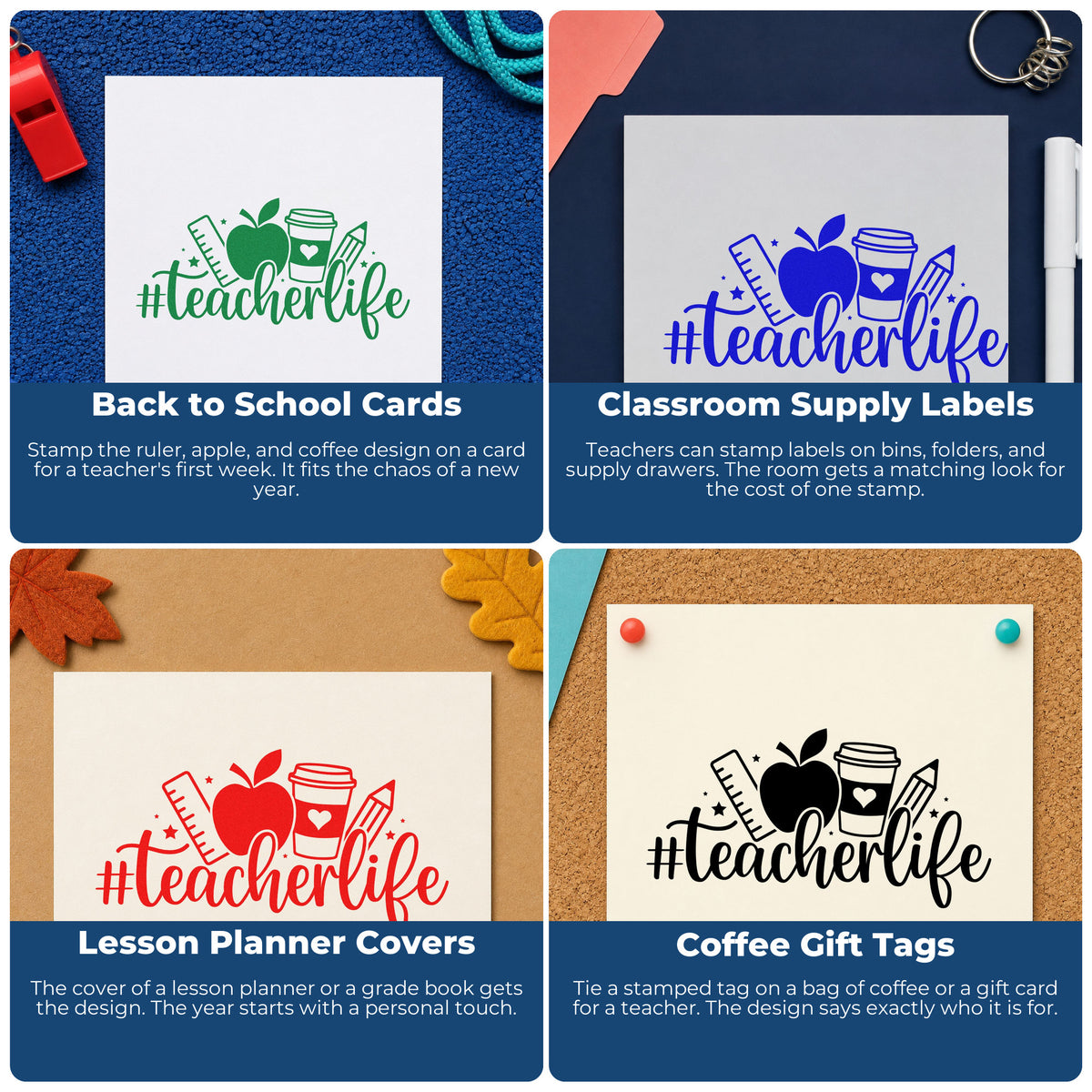 Collage of teacher rubber stamp ideas for grading, parent communication, student rewards, and homework folders.