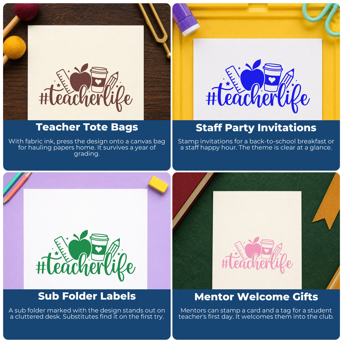 Classroom teacher rubber stamp examples for crafts, bulletin boards, social-emotional learning, and hall passes.