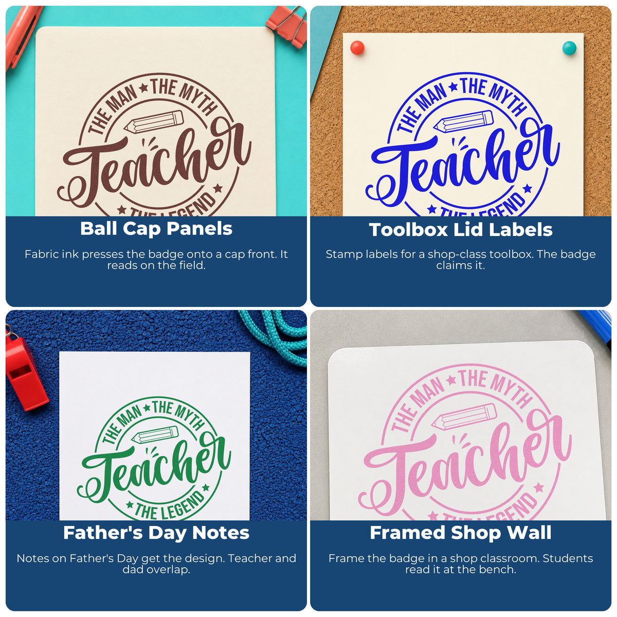 Four ways to use the Teacher The Man Myth Legend Pencil Stamp – Slim Pre-Inked: ball cap panels, toolbox lid labels, father's day notes and framed shop wall.