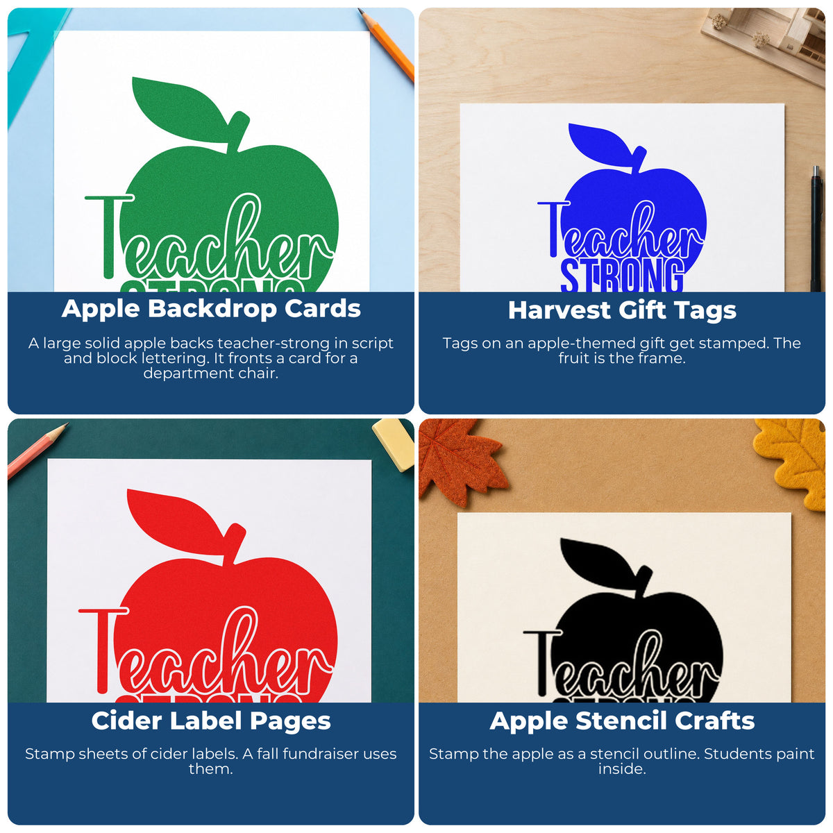 Four ways to use the Teacher Strong Apple Script Lettering Duo Hand Stamp: apple backdrop cards, harvest gift tags, cider label pages and apple stencil crafts.