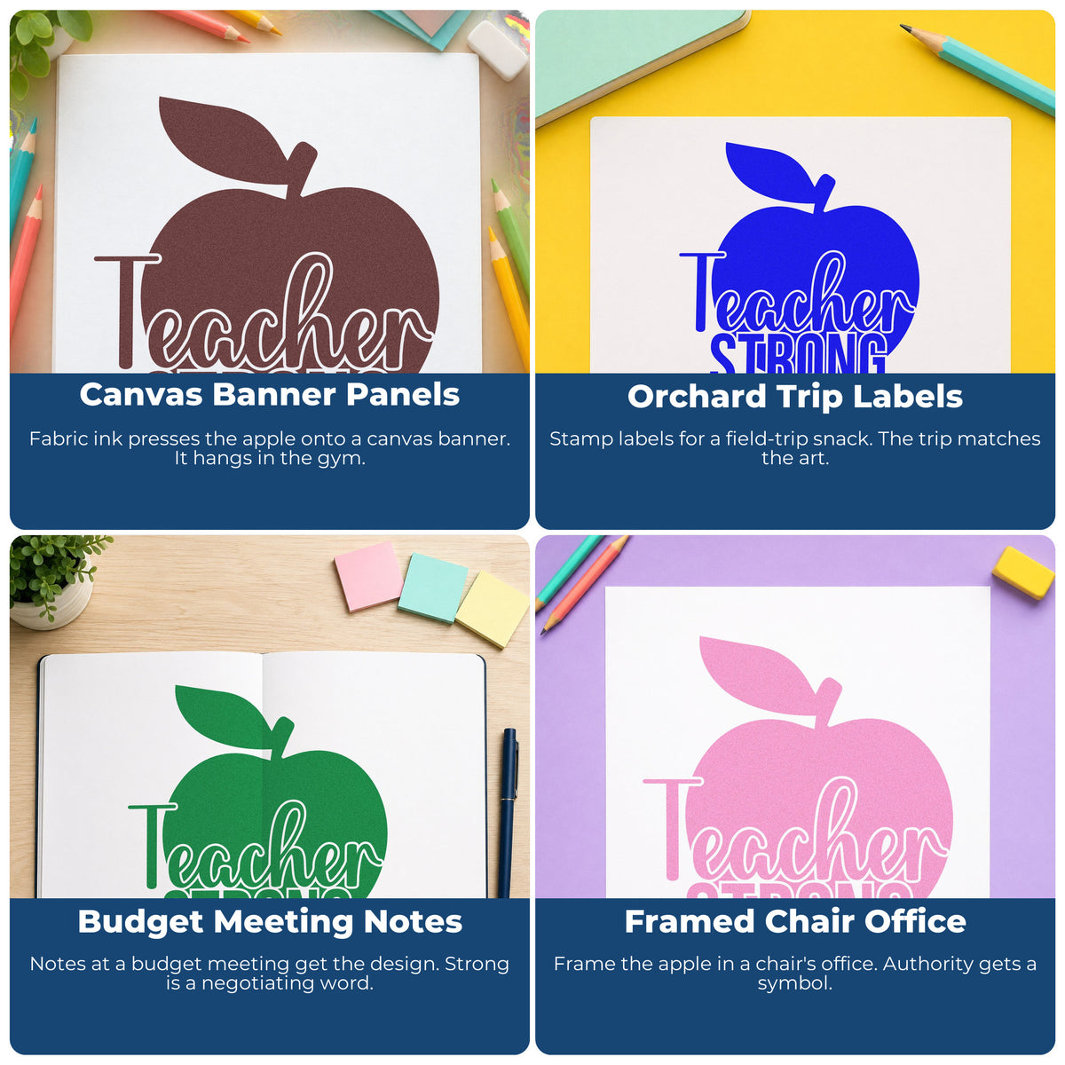 Four ways to use the Premium Wooden Teacher Strong Apple Script Lettering Stamp - Vintage Pro: canvas banner panels, orchard trip labels, budget meeting notes and framed chair office.