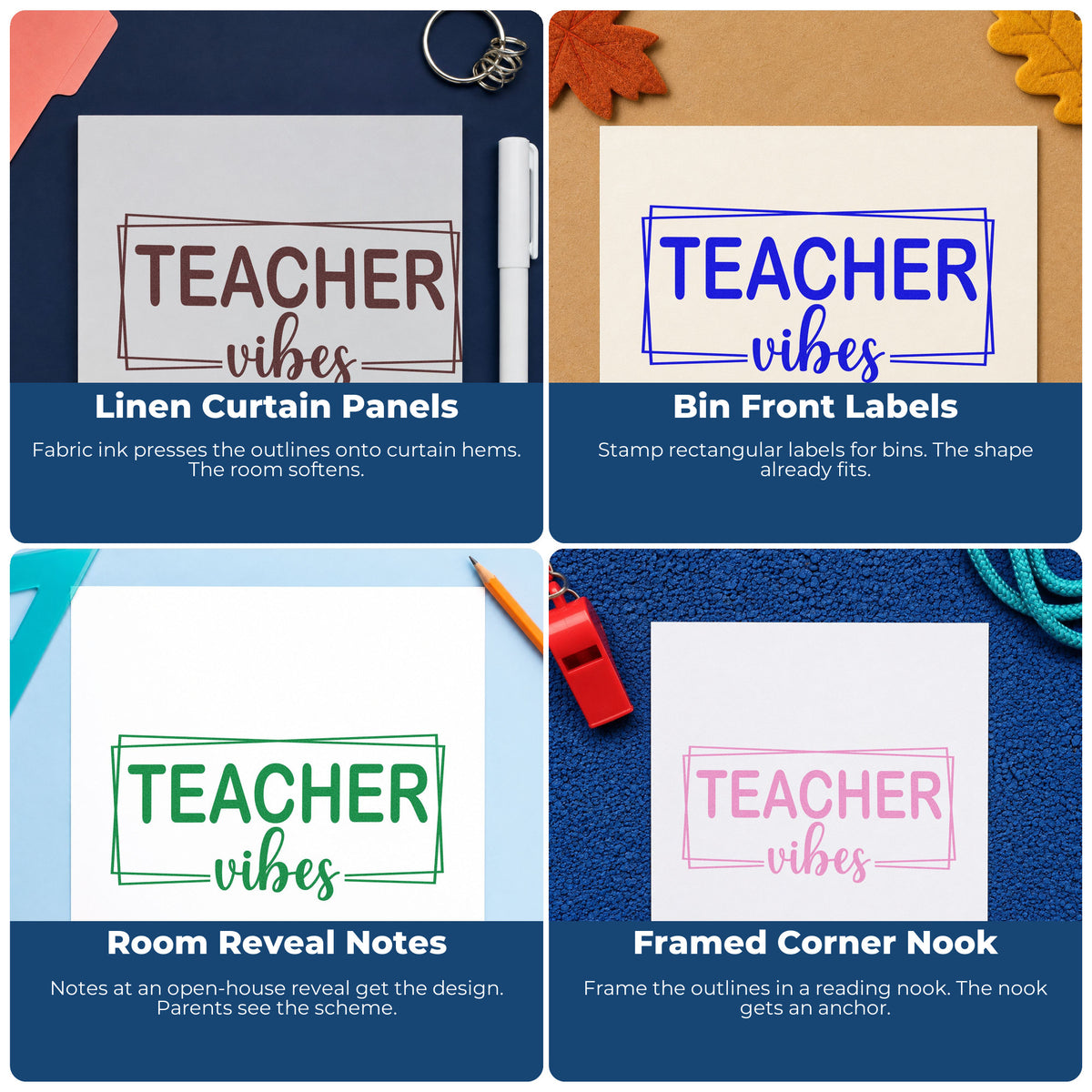 Four ways to use the Teacher Vibes Wood-Mounted Rubber Stamp: linen curtain panels, bin front labels, room reveal notes and framed corner nook.