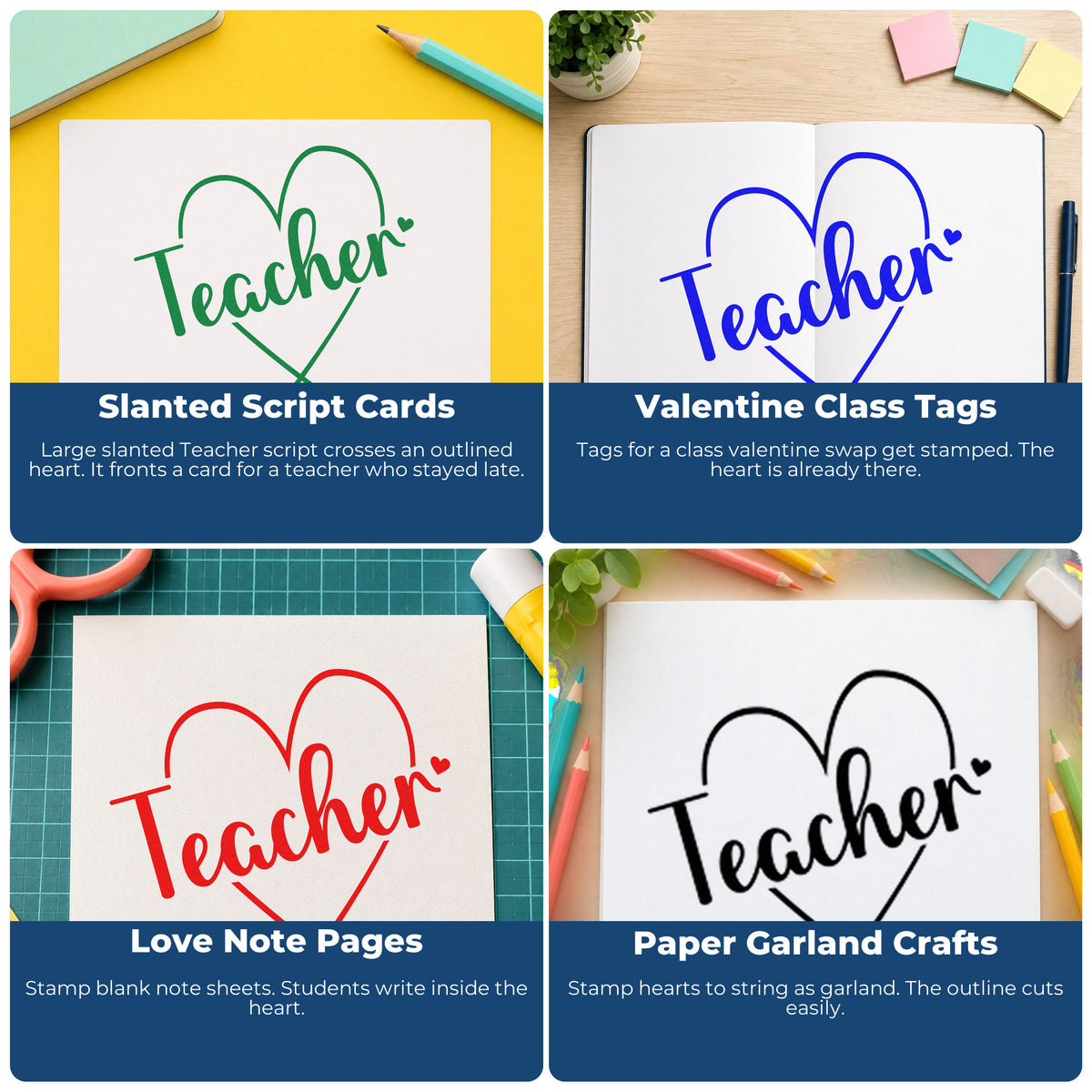 Four ways to use the Teacher Heart Outline Stamp – Duo Hand: slanted script cards, valentine class tags, love note pages and paper garland crafts.
