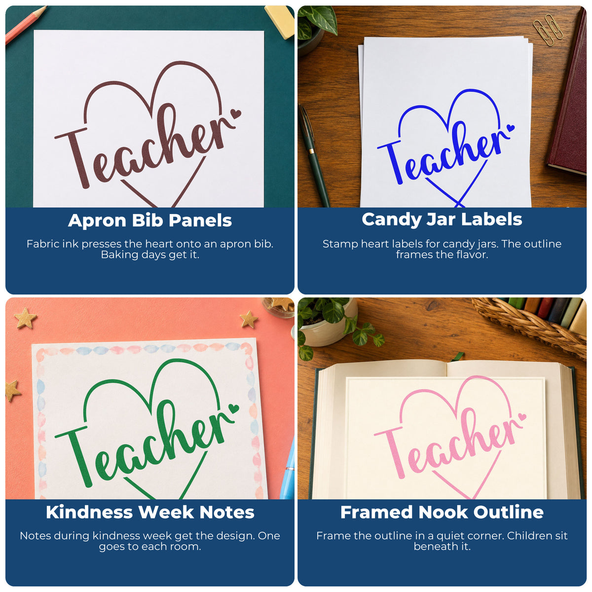 Four ways to use the Teacher Heart Outline Rubber Stamp – Wood Handle: apron bib panels, candy jar labels, kindness week notes and framed nook outline.