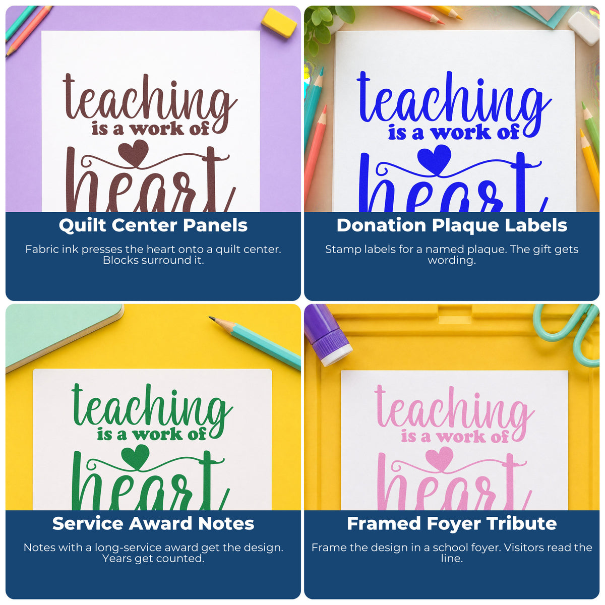 Four ways to use the Teaching Heart Word Art Premium Wooden Stamp - Vintage Pro: quilt center panels, donation plaque labels, service award notes and framed foyer tribute.