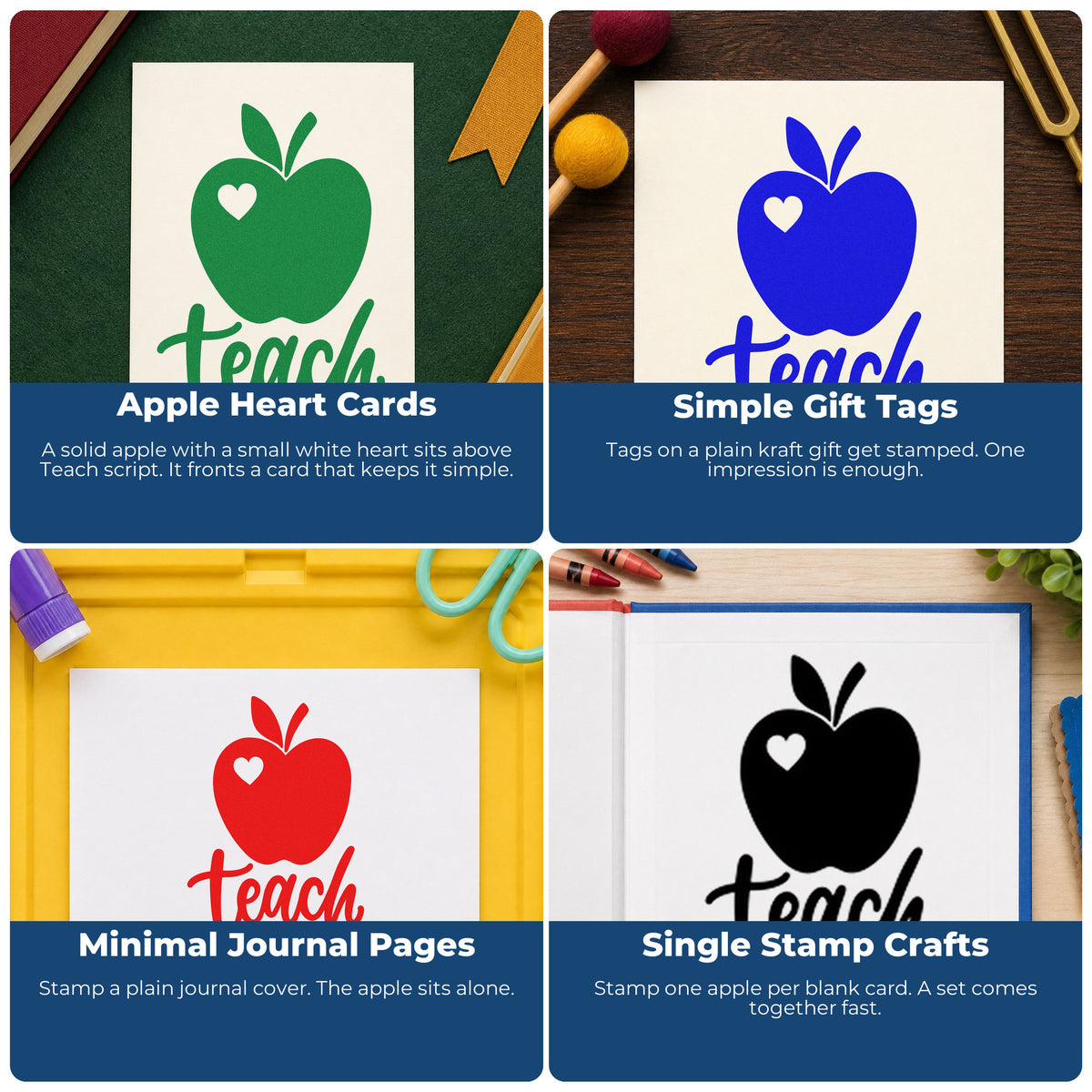Four ways to use the Teach Apple Heart Wood Handle Stamp: apple heart cards, simple gift tags, minimal journal pages and single stamp crafts.