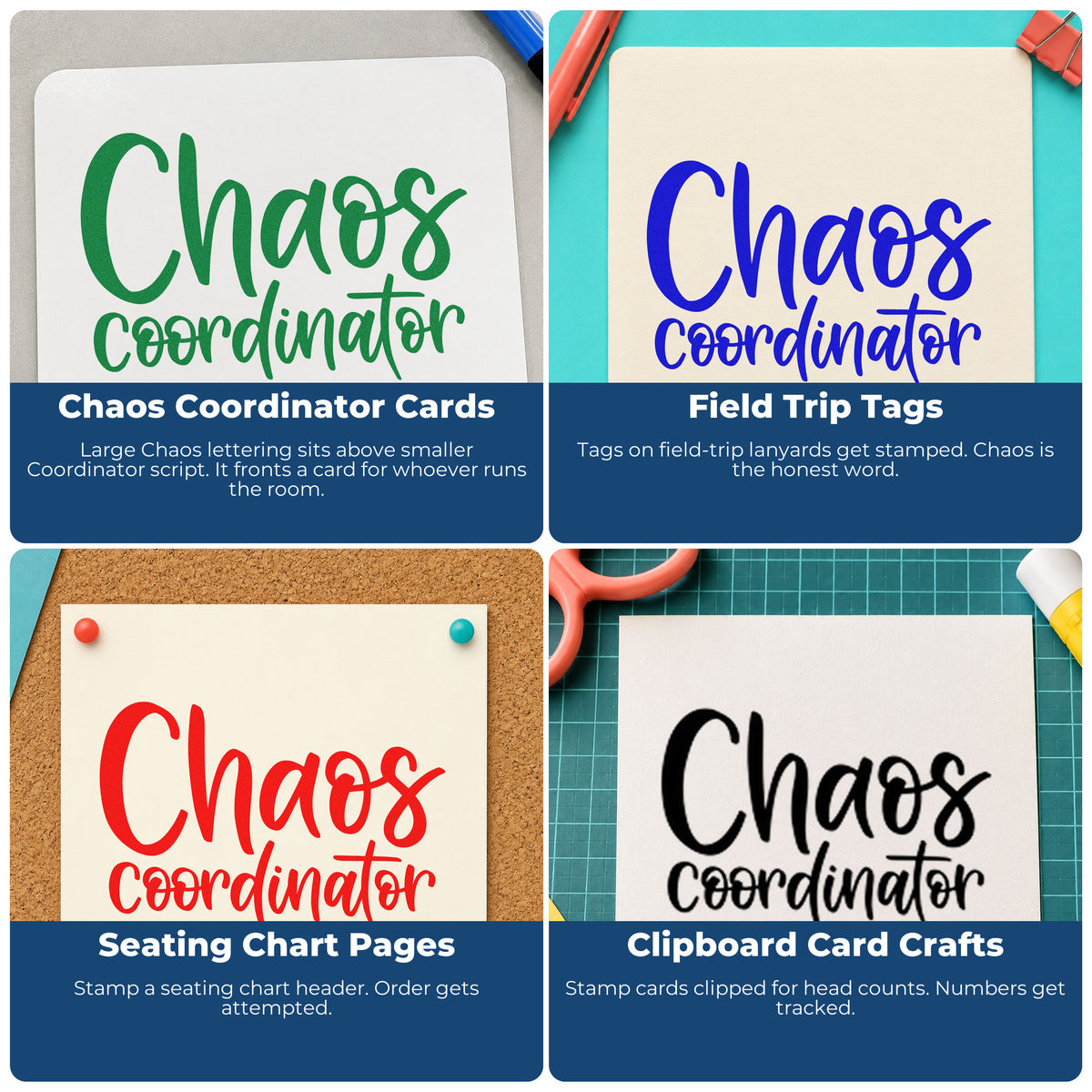 Four ways to use the Chaos Coordinator PSI Pre-Inked Stamp: chaos coordinator cards, field trip tags, seating chart pages and clipboard card crafts.