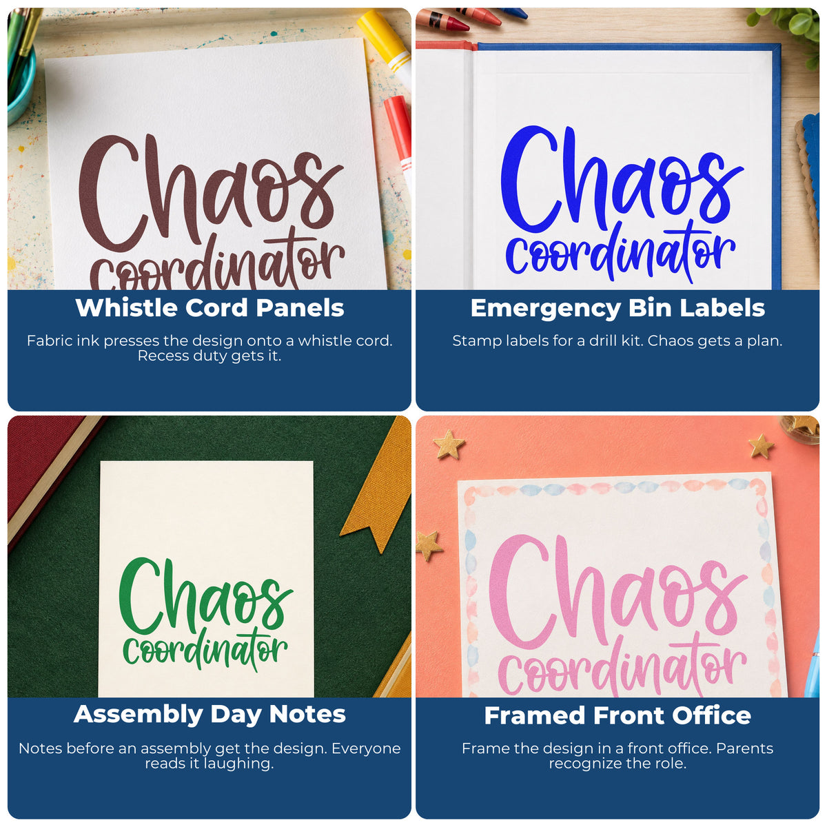 Four ways to use the Chaos Coordinator PSI Pre-Inked Stamp: whistle cord panels, emergency bin labels, assembly day notes and framed front office.