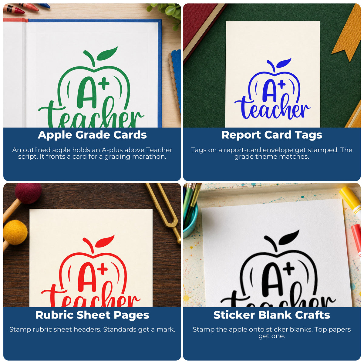 Four ways to use the A Plus Teacher Apple Script Lettering Wood-Mounted Rubber Stamp: apple grade cards, report card tags, rubric sheet pages and sticker blank crafts.