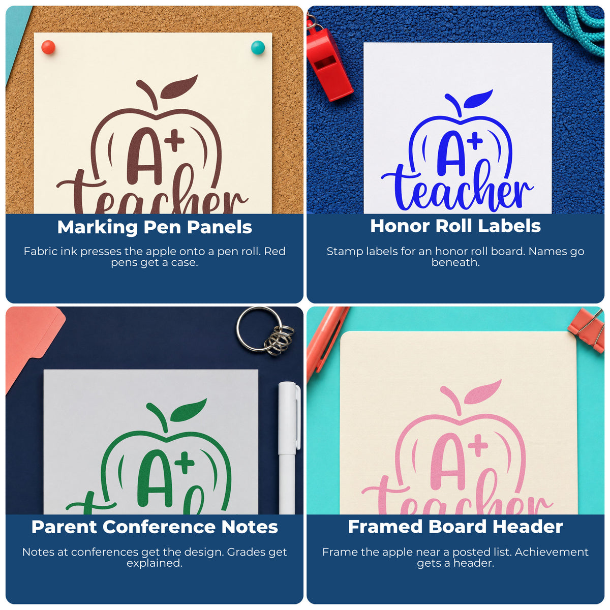 Four ways to use the A Plus Teacher Apple Script Lettering Hand Stamp – Duo: marking pen panels, honor roll labels, parent conference notes and framed board header.