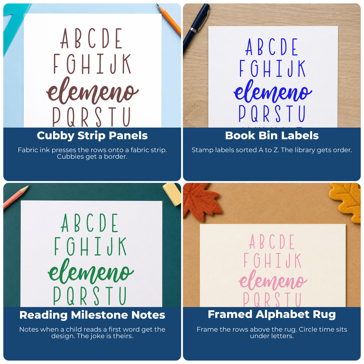 Four ways to use the Alphabet Elemeno Rubber Stamp – Wood Handle: cubby strip panels, book bin labels, reading milestone notes and framed alphabet rug.