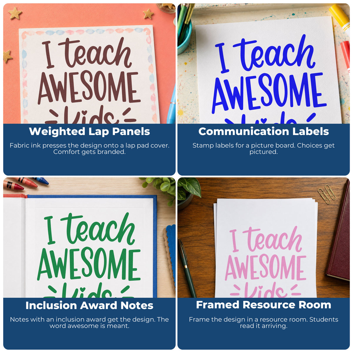 Teacher rubber stamp collage showing classroom designs for crafts, bulletin boards, SEL activities, and hall passes.