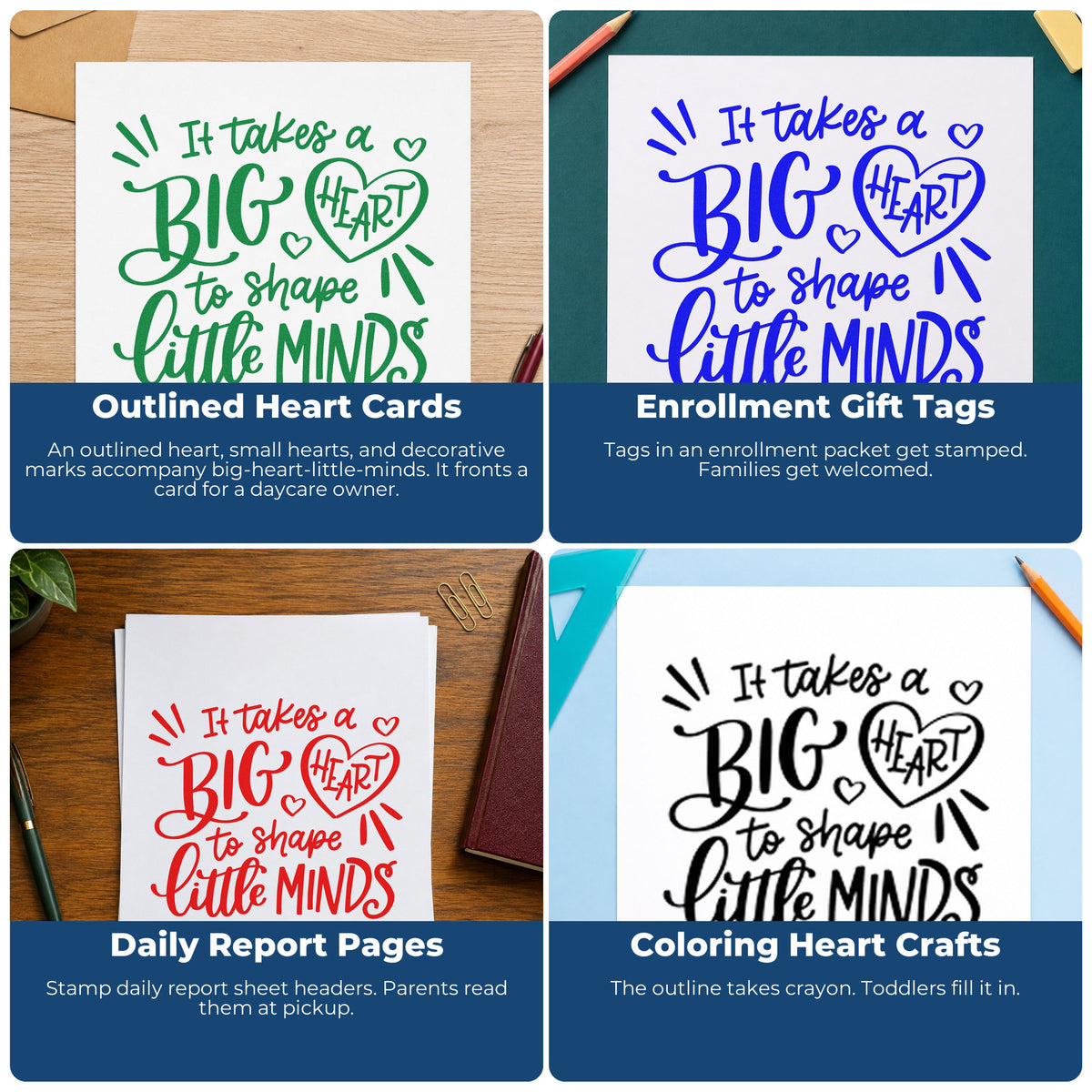 Four ways to use the Premium Wooden Big Heart Little Minds Stamp - Vintage Pro: outlined heart cards, enrollment gift tags, daily report pages and coloring heart crafts.