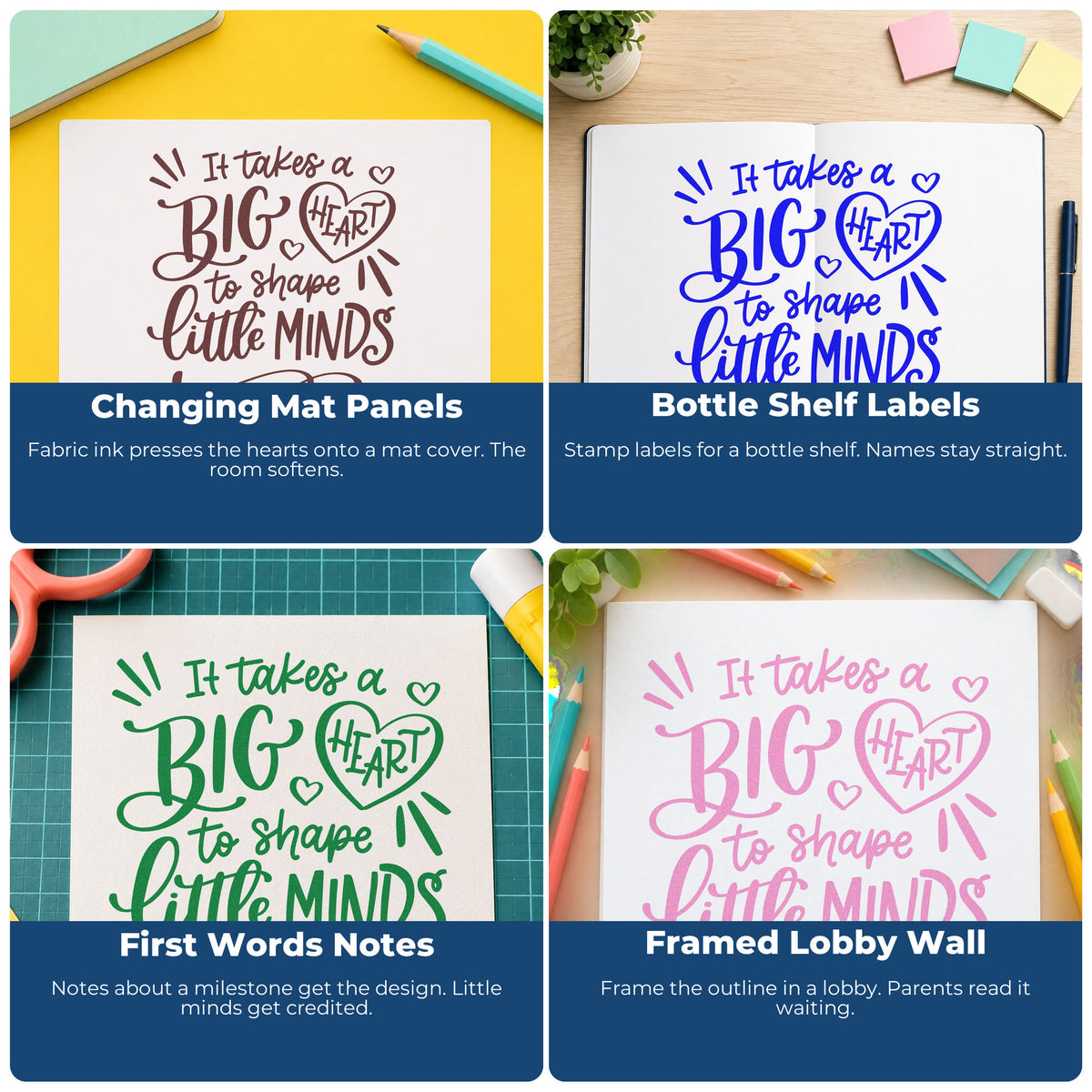 Four ways to use the Premium Wooden Big Heart Little Minds Stamp - Vintage Pro: changing mat panels, bottle shelf labels, first words notes and framed lobby wall.
