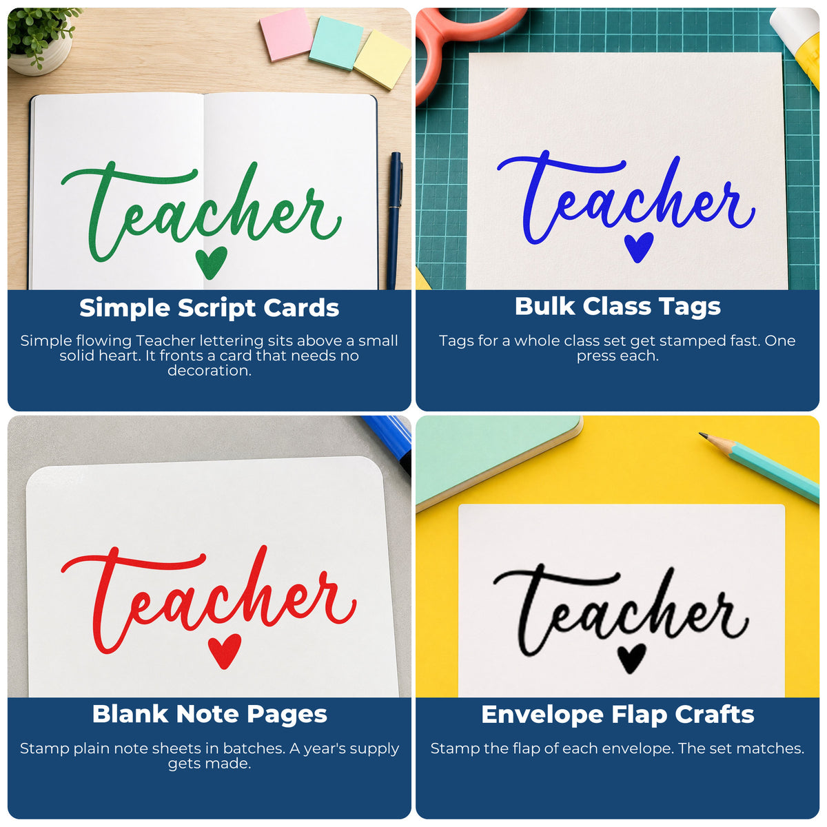 Four ways to use the Teacher Script Heart PSI Pre-Inked Stamp: simple script cards, bulk class tags, blank note pages and envelope flap crafts.