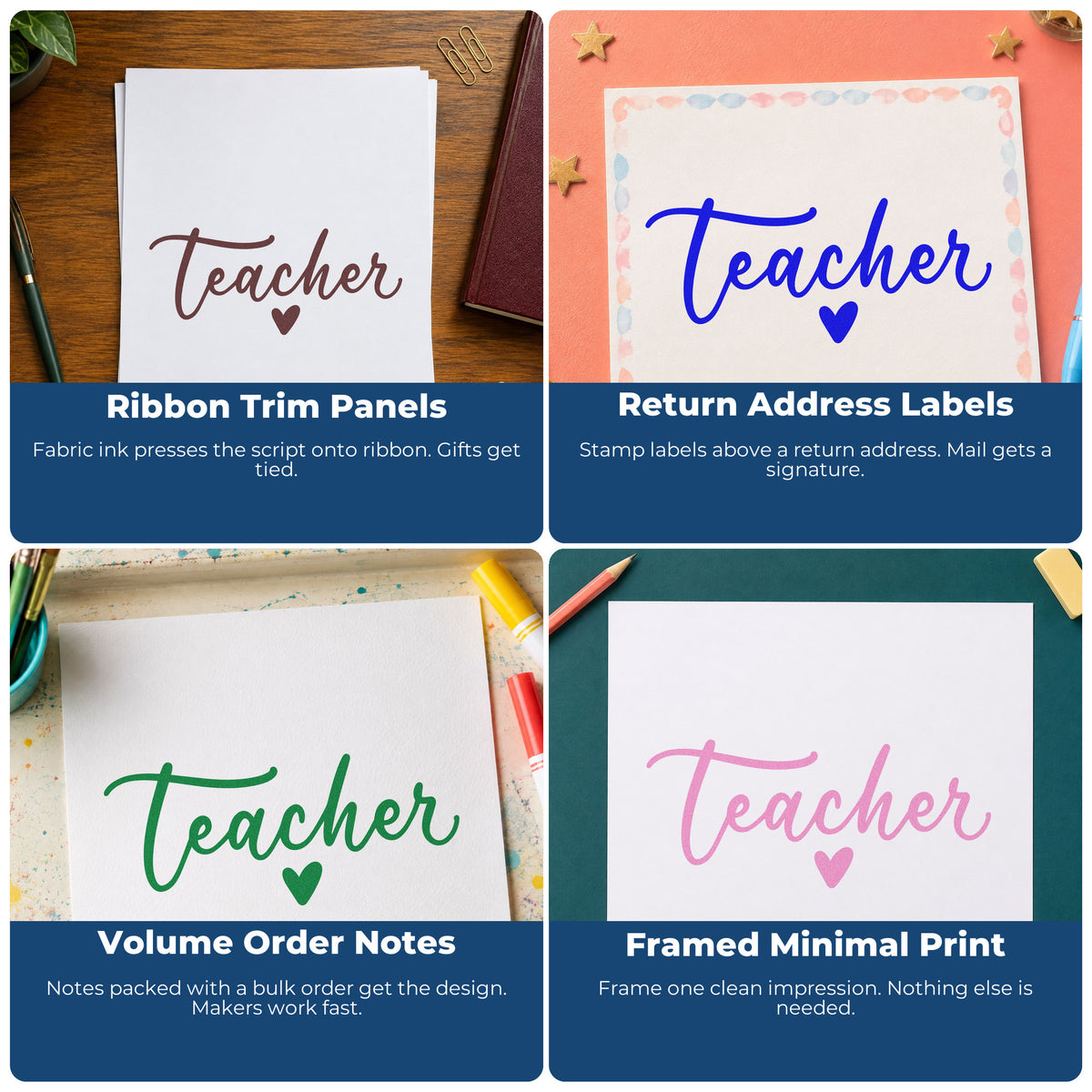 Four ways to use the Teacher Script Heart Self-Inking Stamp: ribbon trim panels, return address labels, volume order notes and framed minimal print.